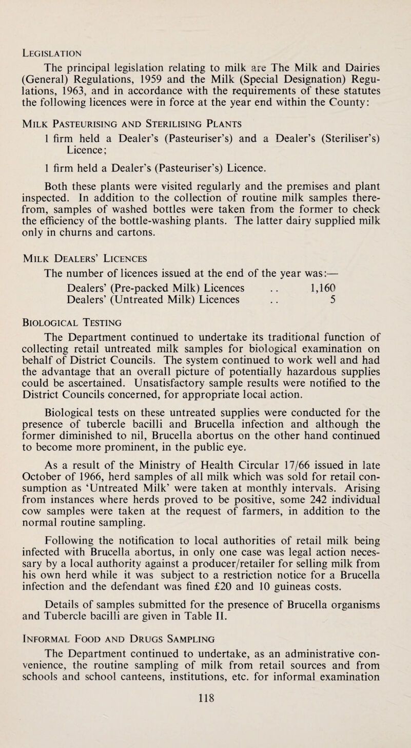 Legislation The principal legislation relating to milk are The Milk and Dairies (General) Regulations, 1959 and the Milk (Special Designation) Regu¬ lations, 1963, and in accordance with the requirements of these statutes the following licences were in force at the year end within the County: Milk Pasteurising and Sterilising Plants 1 firm held a Dealer’s (Pasteuriser’s) and a Dealer’s (Steriliser’s) Licence; 1 firm held a Dealer’s (Pasteuriser’s) Licence. Both these plants were visited regularly and the premises and plant inspected. In addition to the collection of routine milk samples there¬ from, samples of washed bottles were taken from the former to check the efficiency of the bottle-washing plants. The latter dairy supplied milk only in churns and cartons. Milk Dealers’ Licences The number of licences issued at the end of the year was:— Dealers’ (Pre-packed Milk) Licences .. 1,160 Dealers’ (Untreated Milk) Licences .. 5 Biological Testing The Department continued to undertake its traditional function of collecting retail untreated milk samples for biological examination on behalf of District Councils. The system continued to work well and had the advantage that an overall picture of potentially hazardous supplies could be ascertained. Unsatisfactory sample results were notified to the District Councils concerned, for appropriate local action. Biological tests on these untreated supplies were conducted for the presence of tubercle bacilli and Brucella infection and although the former diminished to nil. Brucella abortus on the other hand continued to become more prominent, in the public eye. As a result of the Ministry of Health Circular 17/66 issued in late October of 1966, herd samples of all milk which was sold for retail con¬ sumption as ‘Untreated Milk’ were taken at monthly intervals. Arising from instances where herds proved to be positive, some 242 individual cow samples were taken at the request of farmers, in addition to the normal routine sampling. Following the notification to local authorities of retail milk being infected with Brucella abortus, in only one case was legal action neces¬ sary by a local authority against a producer/retailer for selling milk from his own herd while it was subject to a restriction notice for a Brucella infection and the defendant was fined £20 and 10 guineas costs. Details of samples submitted for the presence of Brucella organisms and Tubercle bacilli are given in Table 11. Informal Food and Drugs Sampling The Department continued to undertake, as an administrative con¬ venience, the routine sampling of milk from retail sources and from schools and school canteens, institutions, etc. for informal examination