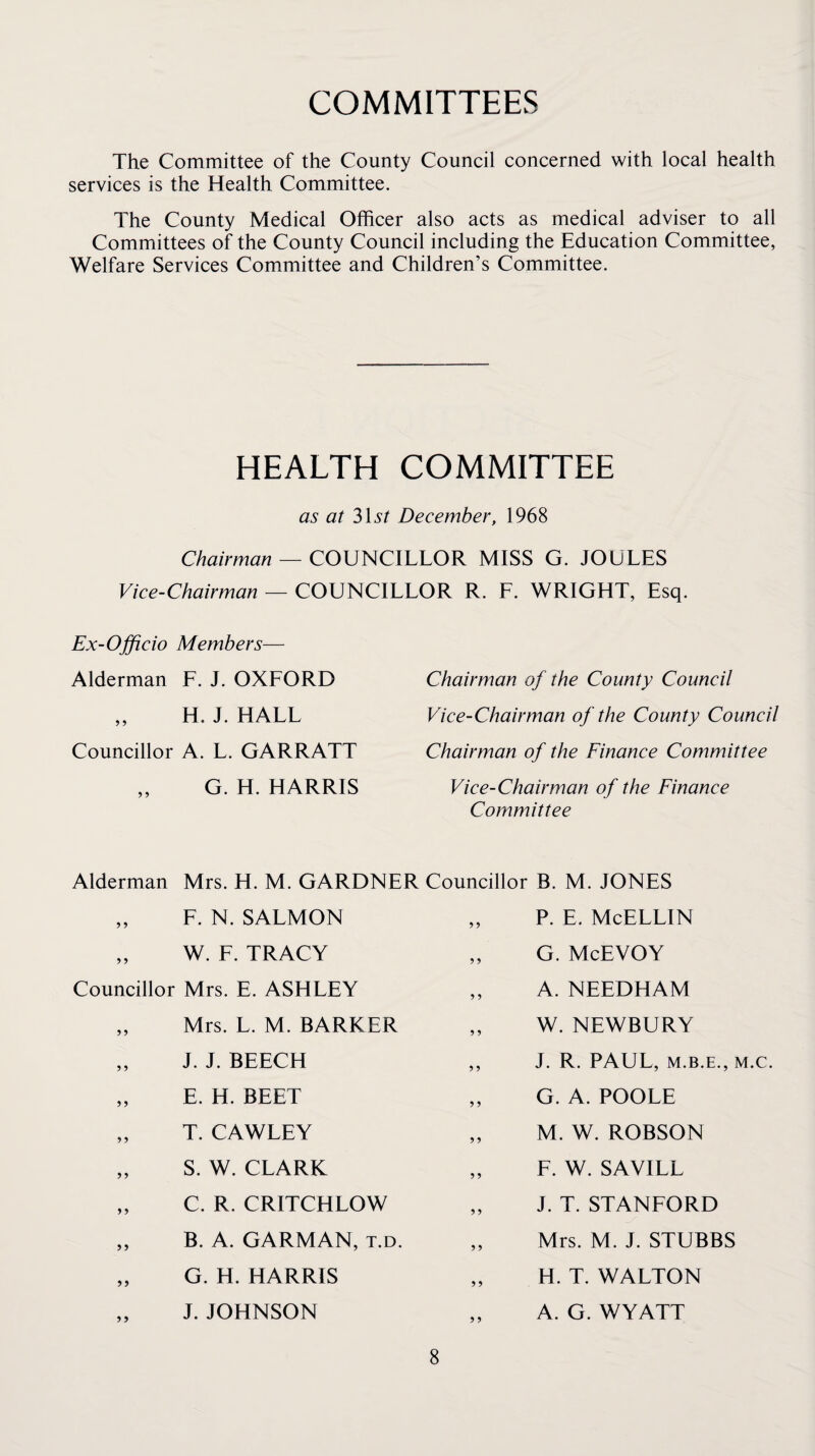 COMMITTEES The Committee of the County Council concerned with local health services is the Health Committee. The County Medical Officer also acts as medical adviser to all Committees of the County Council including the Education Committee, Welfare Services Committee and Children’s Committee. HEALTH COMMITTEE as at 31 St December, 1968 — COUNCILLOR MISS G. JOULES Vice-Chairman — COUNCILLOR R. E. WRIGHT, Esq. Ex-Officio Members— Alderman E. J. OXEORD „ H. J. HALL Councillor A. L. GARRATT G. H. HARRIS Chairman of the County Council Vice-Chairman of the County Council Chairman of the Finance Committee Vice-Chairman of the Finance Committee Alderman Mrs. H. M. GARDNER Councillor B. M. JONES „ E. N. SALMON „ W. E. TRACY Councillor Mrs. E. ASHLEY Mrs. L. M. BARKER J. J. BEECH E. H. BEET T. CAWLEY S. W. CLARK C. R. CRITCHLOW B. A. GARMAN, t.d. G. H. HARRIS J. JOHNSON P. E. McELLIN G. McEVOY A. NEEDHAM W. NEWBURY J. R. PAUL, M.B.E., M.C. G. A. POOLE M. W. ROBSON E. W. SAVILL J. T. STANEORD Mrs. M. J. STUBBS H. T. WALTON A. G. WYATT