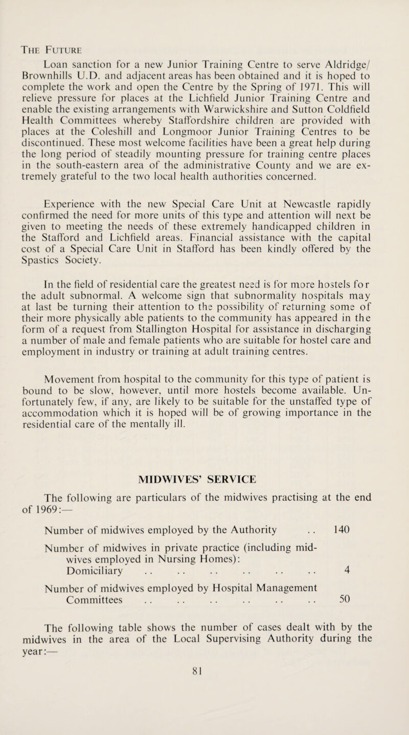 The Future Loan sanction for a new Junior Training Centre to serve Aldridge/ Brownhills U.D. and adjacent areas has been obtained and it is hoped to complete the work and open the Centre by the Spring of 1971. This will relieve pressure for places at the Lichfield Junior Training Centre and enable the existing arrangements with Warwickshire and Sutton Coldfield Health Committees whereby Staffordshire children are provided with places at the Coleshill and Longmoor Junior Training Centres to be discontinued. These most welcome facilities have been a great help during the long period of steadily mounting pressure for training centre places in the south-eastern area of the administrative County and we are ex¬ tremely grateful to the two local health authorities concerned. Experience with the new Special Care Unit at Newcastle rapidly confirmed the need for more units of this type and attention will next be given to meeting the needs of these extremely handicapped children in the Stafford and Lichfield areas. Financial assistance with the capital cost of a Special Care Unit in Stafford has been kindly offered by the Spastics Society. In the field of residential care the greatest need is for more hostels for the adult subnormal. A welcome sign that subnormality hospitals may at last be turning their attention to the possibility of returning some of their more physically able patients to the community has appeared in the form of a request from Stallington Hospital for assistance in discharging a number of male and female patients who are suitable for hostel care and employment in industry or training at adult training centres. Movement from hospital to the community for this type of patient is bound to be slow, however, until more hostels become available. Un¬ fortunately few, if any, are likely to be suitable for the unstaffed type of accommodation which it is hoped will be of growing importance in the residential care of the mentally ill. MIDWIVES’ SERVICE The following are particulars of the midwives practising at the end of 1969:— Number of midwives employed by the Authority .. 140 Number of midwives in private practice (including mid¬ wives employed in Nursing Homes): Domiciliary . . .. . . .. .. .. 4 Number of midwives employed by Hospital Management Committees . . .. .. . . .. .. 50 The following table shows the number of cases dealt with by the midwives in the area of the Local Supervising Authority during the year:—
