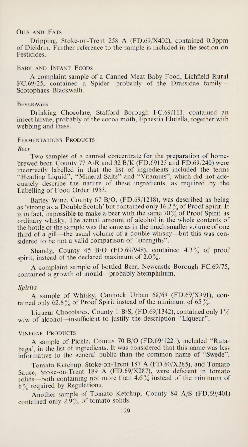 Oils and Fats Dripping, Stoke-on-Trent 258 A (FD.69/X402), contained 0.3ppm of Dieldrin. Further reference to the sample is included in the section on Pesticides. Baby and Infant Foods A complaint sample of a Canned Meat Baby Food, Lichfield Rural FC.69/25, contained a Spider—probably of the Drassidae family— Scotophaes Blackwalli. Beverages Drinking Chocolate, Stafford Borough FC.69/111, contained an insect larvae, probably of the cocoa moth, Ephestia Elutella, together with webbing and frass. Fermentations Products Beer Two samples of a canned concentrate for the preparation of home¬ brewed beer. County 77 A/R and 32 B/K (FD.69123 and FD.69/240) were incorrectly labelled in that the list of ingredients included the terms “Heading Liquid”, “Mineral Salts” and “Vitamins”, which did not ade¬ quately describe the nature of these ingredients, as required by the Labelling of Food Order 1953. Barley Wine, County 67 B/O, (FD.69/1218), was described as being as ‘strong as a Double Scotch’ but contained only 16.2% of Proof Spirit. It is in fact, impossible to make a beer with the same 70% of Proof Spirit as ordinary whisky. The actual amount of alcohol in the whole contents of the bottle of the sample was the same as in the much smaller volume of one third of a gill—the usual volume of a double whisky—but this was con¬ sidered to be not a valid comparison of “strengths”. Shandy, County 45 B/O (FD.69/948), contained 4.3% of proof spirit, instead of the declared maximum of 2.0%. A complaint sample of bottled Beer, Newcastle Borough FC.69/75, contained a growth of mould—probably Stemphilium. Spirits A sample of Whisky, Cannock Urban 68/69 (FD.69/X991), con¬ tained only 62.8% of Proof Spirit instead of the minimum of 65%. Liqueur Chocolates, County 1 B/S, (FD.69/1342), contained only 1 % w/w of alcohol—insufficient to justify the description “Liqueur”. Vinegar Products A sample of Pickle, County 70 B/O (FD.69/1221), included “Ruta¬ baga’, in the list of ingredients. It was considered that this name was less informative to the general public than the common name of “Swede”. Tomato Ketchup, Stoke-on-Trent 187 A (FD.60/X285), and Tomato Sauce, Stoke-on-Trent 189 A (FD.69/X287), were deficient in tomato solids_both containing not more than 4.6% instead of the minimum of 6% required by Regulations. Another sample of Tomato Ketchup, County 84 A/S (FD.69/401) contained only 2.9% of tomato solids.