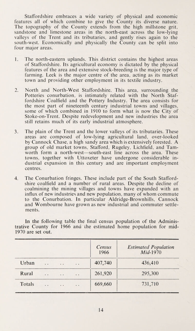Staffordshire embraces a wide variety of physical and economic features all of which combine to give the County its diverse nature. The topography of the County extends from the high millstone grit, sandstone and limestone areas in the north-east across the low-lying valleys of the Trent and its tributaries, and gently rises again to the south-west. Economically and physically the County can be split into four major areas. 1. The north-eastern uplands. This district contains the highest areas of Staffordshire. Its agricultural economy is dictated by the physical features of the area and extensive stock-breeding is the major type of farming. Leek is the major centre of the area, acting as its market town and providing other employment in its textile industry. 2. North and North-West Staffordshire. This area, surrounding the Potteries conurbation, is intimately related with the North Staf¬ fordshire Coalfield and the Pottery Industry. The area consists for the most part of nineteenth century industrial towns and villages, some of which combined in 1910 to form what is now the City of Stoke-on-Trent. Despite redevelopment and new industries the area still retains much of its early industrial atmosphere. 3. The plain of the Trent and the lower valleys of its tributaries. These areas are composed of low-lying agricultural land, over-looked by Cannock Chase, a high sandy area which is extensively forested. A group of old market towns, Stafford, Rugeley, Lichfield, and Tam- worth form a north-west—south-east line across the area. These towns, together with Uttoxeter have undergone considerable in¬ dustrial expansion in this century and are important employment centres. 4. The Conurbation fringes. These include part of the South Stafford¬ shire coalfield and a number of rural areas. Despite the decline of coalmining the mining villages and towns have expanded with an influx of new industries and new population, many of whom commute to the Conurbation. In particular Aldridge-Brownhills, Cannock and Wombourne have grown as new industrial and commuter settle¬ ments. In the following table the final census population of the Adminis¬ trative County for 1966 and the estimated home population for mid- 1970 are set out. Census Estimated Population 1966 Mid-\910 Urban 407,740 436,410 Rural 261,920 295,300 Totals 669,660 731,710