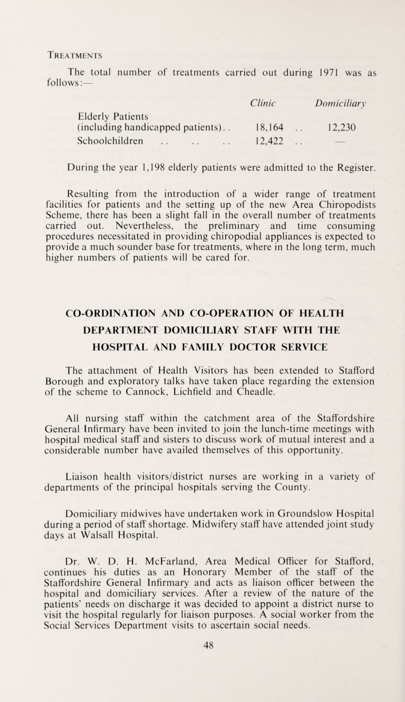 Treatments The total number of treatments carried out during 1971 was as follows:— Elderly Patients Clinic Domiciliary (including handicapped patients). . 18,164 .. 12,230 Schoolchildren 12,422 .. ■ During the year 1,198 elderly patients were admitted to the Register. Resulting from the introduction of a wider range of treatment facilities for patients and the setting up of the new Area Chiropodists Scheme, there has been a slight fall in the overall number of treatments carried out. Nevertheless, the preliminary and time consuming procedures necessitated in providing chiropodial appliances is expected to provide a much sounder base for treatments, where in the long term, much higher numbers of patients will be cared for. CO-ORDINATION AND CO-OPERATION OF HEALTH DEPARTMENT DOMICILIARY STAFF WITH THE HOSPITAL AND FAMILY DOCTOR SERVICE The attachment of Health Visitors has been extended to Stafford Borough and exploratory talks have taken place regarding the extension of the scheme to Cannock, Lichfield and Cheadle. All nursing staff within the catchment area of the Staffordshire General Infirmary have been invited to join the lunch-time meetings with hospital medical staff and sisters to discuss work of mutual interest and a considerable number have availed themselves of this opportunity. Liaison health visitors/district nurses are working in a variety of departments of the principal hospitals serving the County. Domiciliary midwives have undertaken work in Groundslow Hospital during a period of staff shortage. Midwifery staff have attended joint study days at Walsall Hospital. Dr. W. D. H. McFarland, Area Medical Officer for Stafford, continues his duties as an Honorary Member of the staff of the Staffordshire General Infirmary and acts as liaison officer between the hospital and domiciliary services. After a review of the nature of the patients’ needs on discharge it was decided to appoint a district nurse to visit the hospital regularly for liaison purposes. A social worker from the Social Services Department visits to ascertain social needs.