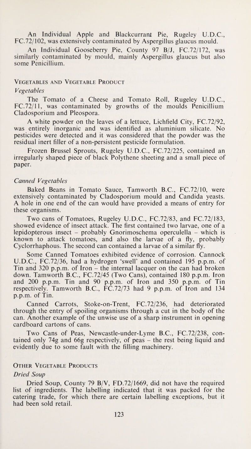 An Individual Apple and Blackcurranl Pie, Rugeley U.D.C., FC.72/102, was extensively contaminated by Aspergillus glaucus mould. An Individual Gooseberry Pie, County 97 B/J, FC.72/172, was similarly contaminated by mould, mainly Aspergillus glaucus but also some Penicillium. Vegetables and Vegetable Product Vegetables The Tomato of a Cheese and Tomato Roll, Rugeley U.D.C., FC.72/11, was contaminated by growths of the moulds Penicillium Cladosporium and Pleospora. A white powder on the leaves of a lettuce, Lichfield City, FC.72/92, was entirely inorganic and was identified as aluminium silicate. No pesticides were detected and it was considered that the powder was the residual inert filler of a non-persistent pesticide formulation. Frozen Brussel Sprouts, Rugeley U.D.C., FC.72/225, contained an irregularly shaped piece of black Polythene sheeting and a small piece of paper. Canned Vegetables Baked Beans in Tomato Sauce, Tamworth B.C., FC.72/10, were extensively contaminated by Cladosporium mould and Candida yeasts. A hole in one end of the can would have provided a means of entry for these organisms. Two cans of Tomatoes, Rugeley U.D.C., FC.72/83, and FC.72/183, showed evidence of insect attack. The first contained two larvae, one of a lepidopterous insect - probably Gnorimoschema operculella - which is known to attack tomatoes, and also the larvae of a fly, probably Cyclorrhaphous. The second can contained a larvae of a similar fly. Some Canned Tomatoes exhibited evidence of corrosion. Cannock U.D.C., FC.72/36, had a hydrogen ‘swell’ and contained 195 p.p.m. of Tin and 320 p.p.m. of Iron - the internal lacquer on the can had broken down. Tamworth B.C., FC.72/45 (Two Cans), contained 180 p.p.m. Iron and 200 p.p.m. Tin and 90 p.p.m. of Iron and 350 p.p.m. of Tin respectively. Tamworth B.C., FC.72/73 had 9 p.p.m. of Iron and 134 p.p.m. of Tin. Canned Carrots, Stoke-on-Trent, FC.72/236, had deteriorated through the entry of spoiling organisms through a cut in the body of the can. Another example of the unwise use of a sharp instrument in opening cardboard cartons of cans. Two Cans of Peas, Newcastle-under-Lyme B.C., FC.72/238, con¬ tained only 74g and 66g respectively, of peas - the rest being liquid and evidently due to some fault with the filling machinery. Other Vegetable Products Dried Soup Dried Soup, County 79 B/V, FD.72/1669, did not have the required list of ingredients. The labelling indicated that it was packed for the catering trade, for which there are certain labelling exceptions, but it had been sold retail.