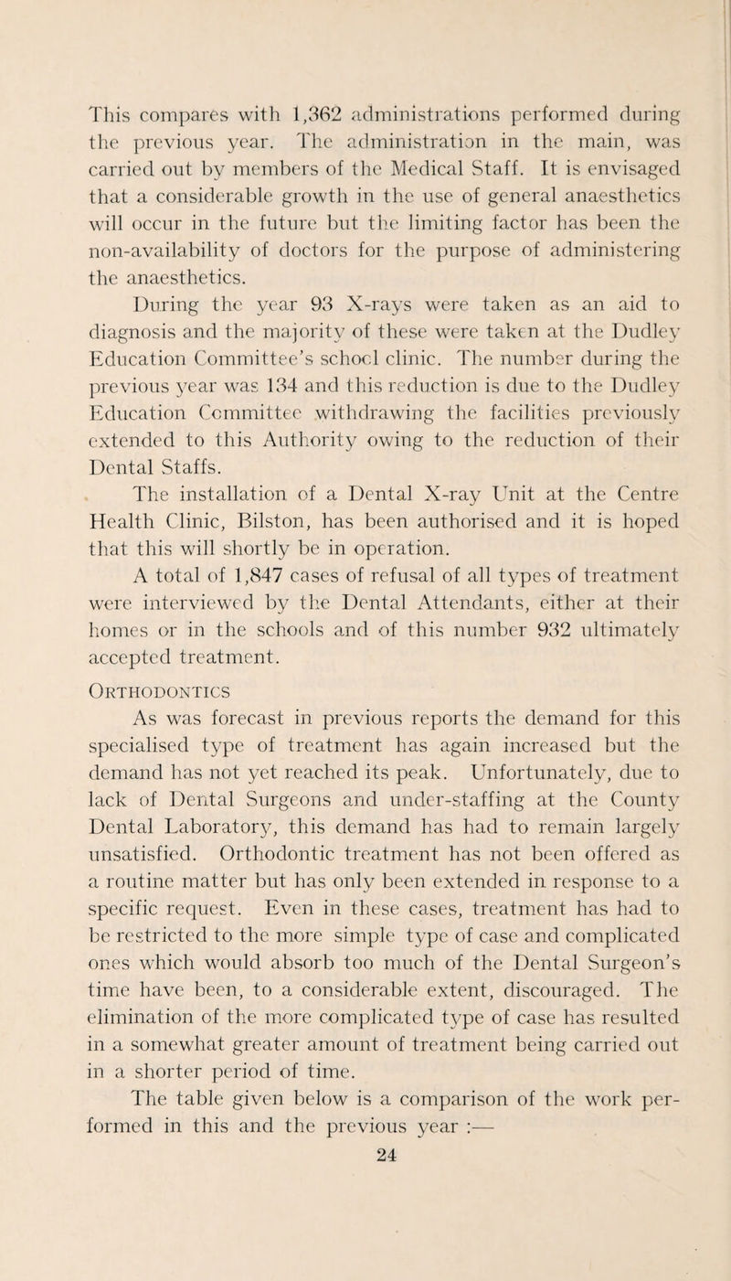 This compares with 1,362 administrations performed during the previous year. The administration in the main, was carried out by members of the Medical Staff. It is envisaged that a considerable growth in the use of general anaesthetics will occur in the future but the limiting factor has been the non-availability of doctors for the purpose of administering the anaesthetics. During the year 93 X-rays were taken as an aid to diagnosis and the majority of these were taken at the Dudley Education Committee’s school clinic. The number during the previous year was 134 and this reduction is due to the Dudley Education Committee withdrawing the facilities previously extended to this Autliority owing to the reduction of their Dental Staffs. The installation of a Dental X-ray Unit at the Centre Health Clinic, Bilston, has been authorised and it is hoped that this will shortly be in operation. A total of 1,847 cases of refusal of all types of treatment were interviewed by the Dental Attendants, either at their homes or in the schools and of this number 932 ultimately accepted treatment. Orthodontics As was forecast in previous reports the demand for this specialiseel type of treatment has again increased but the demand has not yet reached its peak. Unfortunately, due to lack of Dental Surgeons and under-staffing at the County Dental Laborator^y this demand has had to remain largely unsatisfied. Orthodontic treatment has not been offered as a routine matter but has only been extended in response to a specific request. Even in these cases, treatment has had to be restricted to the more simple type of case and complicated ones which would absorb too much of the Dental Surgeon’s time have been, to a considerable extent, discouraged. The elimination of the more complicated type of case has resulted in a somewhat greater amount of treatment being carried out in a shorter period of time. The table given below is a comparison of the work per¬ formed in this and the previous year :—