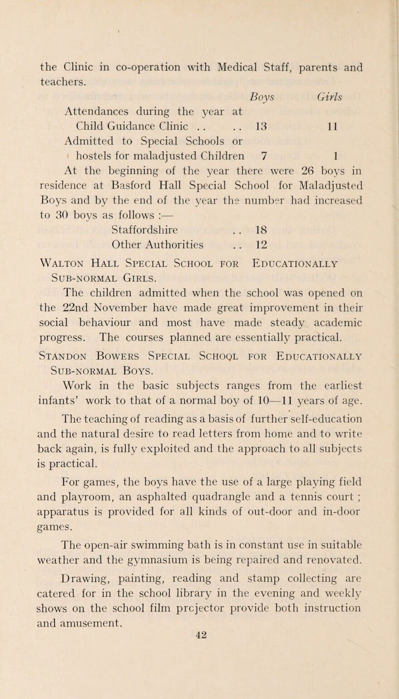 the Clinic in co-operation with Medical Staff, parents and teachers. Boys Girls Attendances during the year at Child Guidance Clinic .. ..13 11 Admitted to Special Schools or I hostels for maladjusted Children 7 1 At the beginning of the year there were 26 boys in residence at Basford Hall Special School for Maladjusted Boys and by the end of the year the number had increased to 30 boys as follows :— Staffordshire . . 18 Other Authorities . . 12 Walton Hall Special School for Educationally Sub-normal Girls. The children admitted when the school was opened on the 22nd November have made great improvement in their social behaviour and most have made steady academic progress. The courses planned are essentially practical. Standon Bowers Special Schoql for Educationally Sub-normal Boys. Work in the basic subjects ranges from the earliest infants’ work to that of a normal boy of 10—11 years of age. The teaching of reading as a basis of further self-education and the natural desire to read letters from home and to write back again, is fully exploited and the approach to all subjects is practical. For games, the boys have the use of a large playing field and playroom, an asphalted quadrangle and a tennis court ; apparatus is provided for all kinds of out-door and in-door games. The open-air swimming bath is in constant use in suitable weather and the gymnasium is being repaired and renovated. Drawing, painting, reading and stamp collecting are catered for in the school library in the evening and weekly shows on the school film projector provide both instruction and amusement.