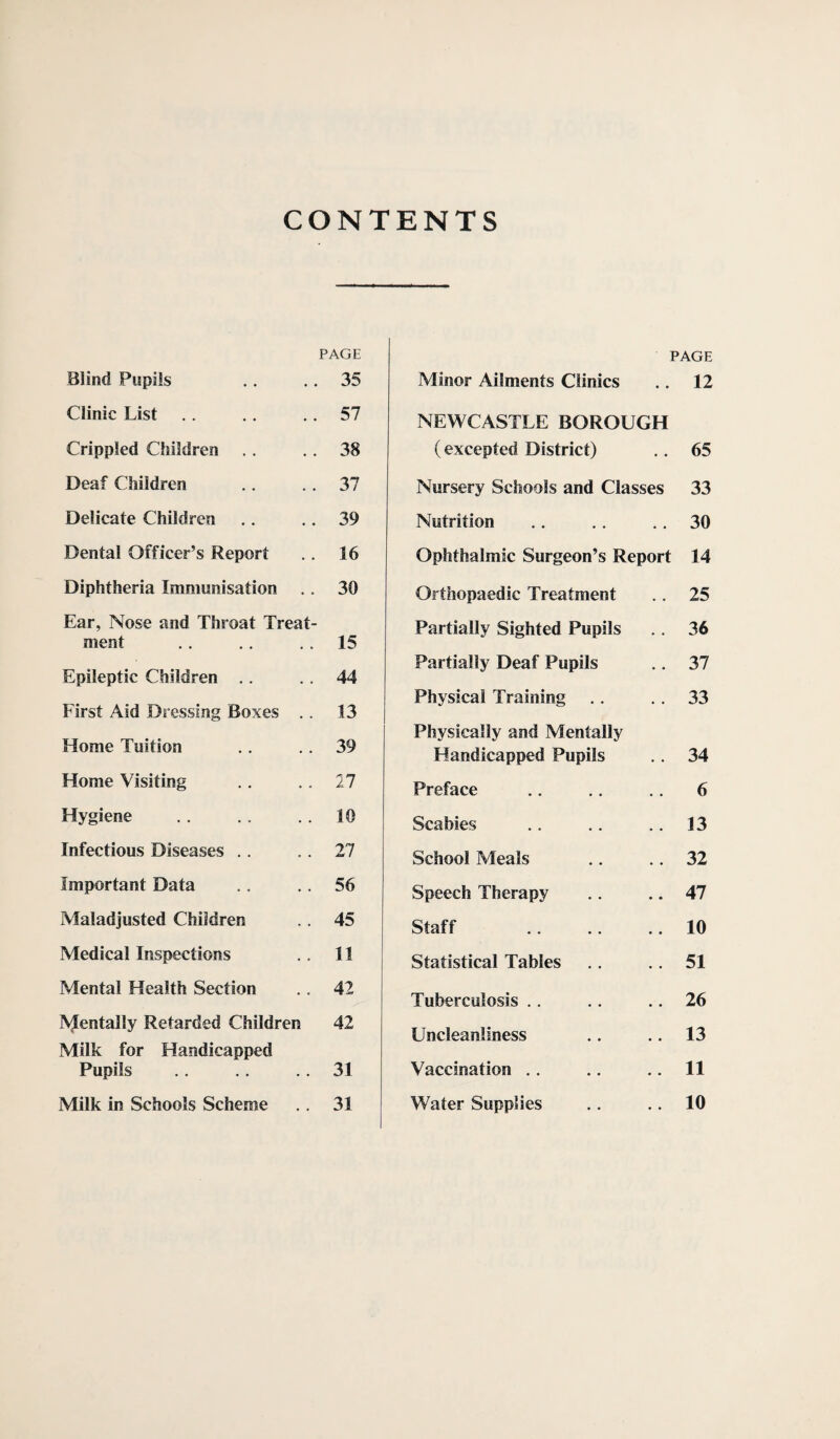 CONTENTS PAGE Blind Pupils . . ., 35 Clinic List .. .. .. 57 Crippled Children .. .. 38 Deaf Children .. .. 37 Delicate Children ,. .. 39 Dental Officer’s Report .. 16 Diphtheria Immunisation .. 30 Ear, Nose and Throat Treat¬ ment .. .. .. 15 Epileptic Children .. .. 44 First Aid Dressing Boxes .. 13 Home Tuition .. .. 39 Home Visiting .. .. 27 Hygiene .. .. .. 10 Infectious Diseases .. .. 27 Important Data .. .. 56 Maladjusted Children .. 45 Medical Inspections 11 Mental Health Section .. 42 lyientally Retarded Children 42 Milk for Handicapped Pupils .. .. .. 31 Milk in Schools Scheme .. 31 PAGE Minor Ailments Clinics .. 12 NEWCASTLE BOROUGH (excepted District) .. 65 Nursery Schools and Classes 33 Nutrition ., .. .. 30 Ophthalmic Surgeon’s Report 14 Orthopaedic Treatment .. 25 Partially Sighted Pupils .. 36 Partially Deaf Pupils .. 37 Physical Training .. .. 33 Physically and Mentally Handicapped Pupils .. 34 Preface .. ,, .. 6 Scabies .. .. .. 13 School Meals .. .. 32 Speech Therapy .. ., 47 Staff .. .. .. 10 Statistical Tables ., .. 51 Tuberculosis .. ., ,. 26 Uncleanliness .. .. 13 Vaccination ,. .. .. 11 Water Supplies .. .. 10