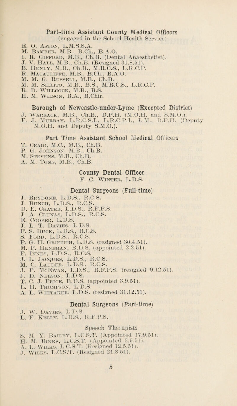 Part-tiiTic Assistant County Medical Officers (engaged in the School Health Service) E. O. Aston, L.M.S.S.A. M. Bamber, M.B., B.Ch., B.A.O. I. B. Gifford, M.B., Ch.B. (Dental Anaesthetist). J. V. Hall, M.B., Ch.B. (Resigned 31.8.51). B. Henly, M.B., Ch.B., M.R.C.S,, L.R.C.P. R. Macaultffe, M.B., B.Ch., B.A.O. M. M. G. Russell, M.B., Ch.B. M. M. SiLLiTO, M.B., B.S., M.R.C.S., L.R.C.P. R. D. WILLCOCK, M.B., B.S. H. M. Wilson, B.A., B.Chir. Borough of Newcastle-under-Lyme (Excepted District) J. Warrack, M.B., Ch.B., D.P.H. (M.O.H. and S.M.O.). F. J. Murray, L.R.C.S.I., L.R.C.P.I., L.M., D.P.H. (Deputy M.O.H. and Deputy S.M.O.). Part Time Assistant School Medical Officers T. Craig, M.C., M.B., Ch.B. P. G. Johnson, M.B., Ch.B. M. Stevens, M.B., Ch.B. A. M. Toms, M.B., Ch.B. County Dental Officer F. C. Winter, L.D.S. Dental Surgeons (Full-time) J. Brydone, L.D.S., R.C.S. J. Bunch, L.D.S., R.C.S. D. E. Chatfjr, L.D.S., R.F.P.S. J. A. Clunas, L.D.S., R.C.S. E. Cooper, L.D.S. J. L. T. Davies, L.D.S. F. S. Duck, L.D.S., R.C.S. S. Ford, L.D.S., R.C.S. P. G. H. Griffith, L.D.S. (resigned 30.4,51). M. P. Henehan, B.D.S. (appointed 2.2.51). F. Innes, L.D.S., R.C.S. J. Ij. Jacques, L.D.S., R.C.S. M. C. Lauder, L.D.S., R.C.S. J. P. McEwan, L.D.S., R.F.P.S. (resigned 9.12.61). J. D. Nelson, I^.D.S. T. C. J. Price, B.D.S. (appointed 3.9.51). L. H. Thompson, L.D.S. A. L. Whitaker, L.D.S. (resigned 31.12.51). Dental Surgeons (Part-time) J. W. Davies, L.D.S. L. F. Kelly, L.D.S., R.F.P.S. Speech Therapists S. M. Y. Bailey, L.C.S.T. (Appointed 17.9.51). H. M. Binks, L.C.S.T. (Appointed 3.9.51). A. L. Wilks, L.C.S.T. (Resigned 12.5.51). J. Wilks, L.C.S.T. (Resigned 21.8.51).