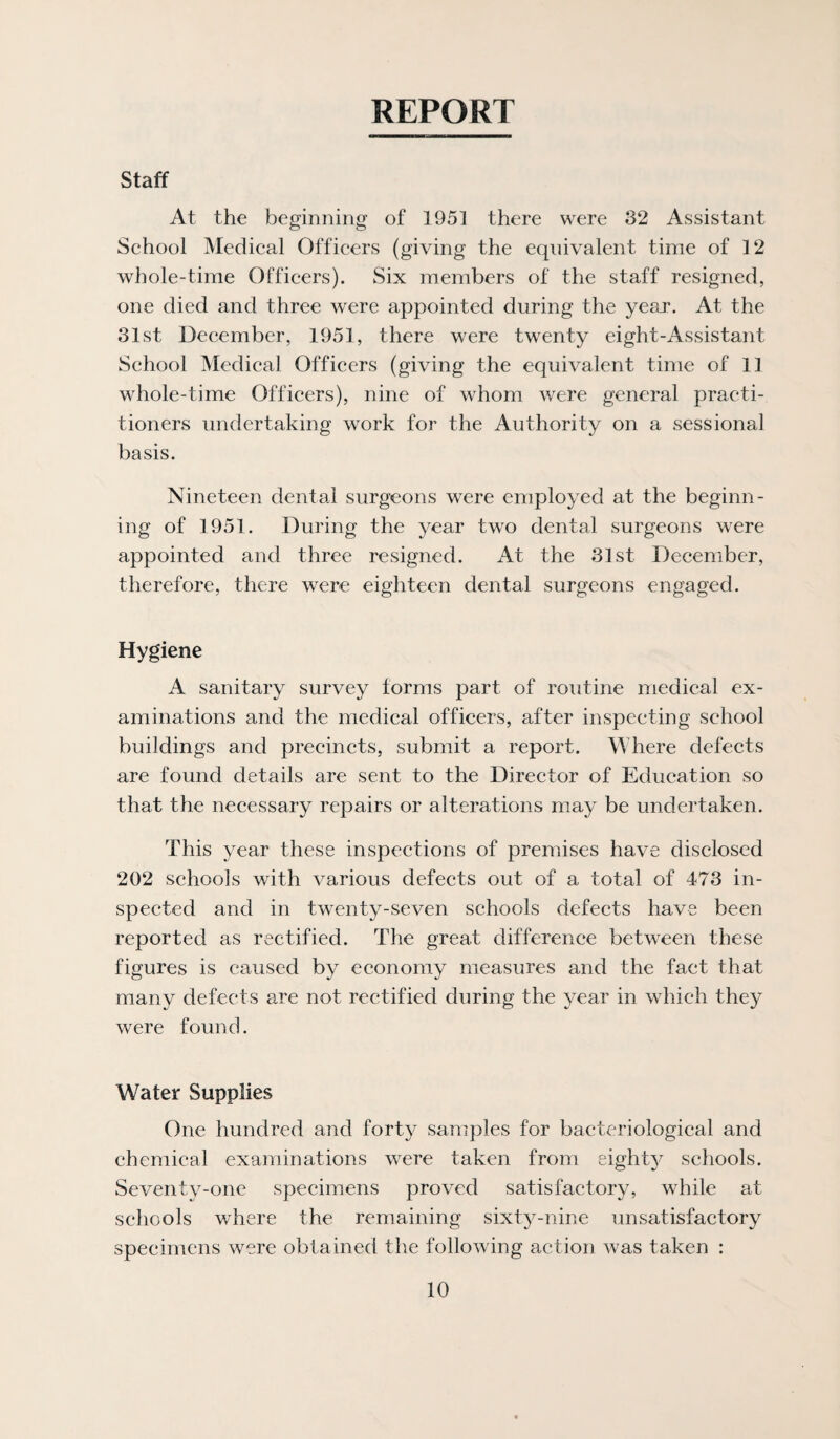 REPORT staff At the beginning of 1951 there were 32 Assistant School Medical Officers (giving the equivalent time of 12 whole-time Officers). Six members of the staff resigned, one died and three were appointed during the yeai*. At the 31st December, 1951, there were twenty eight-Assistant School Medical Officers (giving the equivalent time of 11 whole-time Officers), nine of whom were general practi¬ tioners undertaking work for the Authority on a sessional basis. Nineteen dental surgeons were employed at the beginn¬ ing of 1951. During the year two dental surgeons were appointed and three resigned. At the 31st December, therefore, there were eighteen dental surgeons engaged. Hygiene A sanitary survey forms part of routine medical ex¬ aminations and the medical officers, after inspecting school buildings and precincts, submit a report. Where defects are found details are sent to the Director of Education so that the necessary repairs or alterations may be undertaken. This year these inspections of premises have disclosed 202 schools with various defects out of a total of 473 in¬ spected and in twenty-seven schools defects have been reported as rectified. The great difference between these figures is caused by economy measures and the fact that many defects are not rectified during the year in which they were found. Water Supplies One hundred and forty samples for bacteriological and chemical examinations were taken from eighty schools. Seventy-one specimens proved satisfactory, while at schools where the remaining sixty-nine unsatisfactory specimens were obtained the following action was taken :