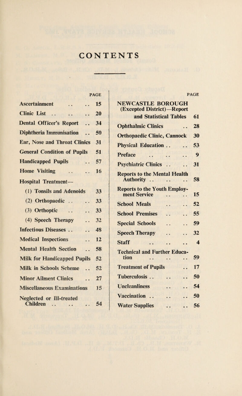 CONTENTS PAGE PAGE Ascertainment 15 NEWCASTLE BOROUGH Clinic List ,. 20 (Excepted District)— Report and Statistical Tables 61 Dental Officer’s Report 34 Ophthalmic Clinics 28 Diphtheria Immunisation 50 Orthopaedic Clinic, Cannock 30 Ear, Nose and Throat Clinics 31 Physical Education .. • • 53 General Condition of Pupils 51 Preface « • 9 Handicapped Pupils 57 Psychiatric Clinics .. 31 Home Visiting 16 Reports to the Mental Health Hospital Treatment— Authority .. • • 58 (i) Tonsils and Adenoids 33 Reports to the Youth Employ¬ ment Service 15 (2) Orthopaedic .. 33 School Meals 52 (3) Orthoptic 33 School Premises 55 (4) Speech Therapy 32 Special Schools 59 Infectious Diseases .. 48 Speech Therapy 32 • • Medical Inspections 12 Staff « • 4 Mental Health Section 58 Technical and Further Educa- Milk for Handicapped Pupils 52 tion • • 59 Milk in Schools Scheme .. 52 Treatment of Pupils • • 17 Minor Ailment Clinics 27 Tuberculosis .. • • 50 Miscellaneous Examinations 15 Uncleanliness • • 54 Neglected or Ill-treated Vaccination .. • • 50 Children .. 54 Water Supplies • • 56