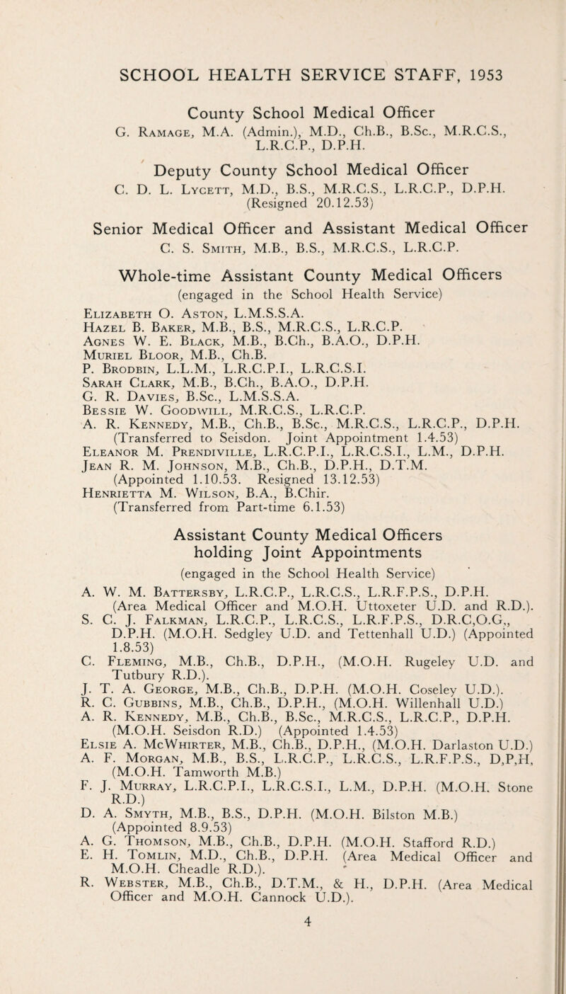SCHOOL HEALTH SERVICE STAFF, 1953 County School Medical Officer G. Ramage, M.A. (Admin.), M.D., Ch.B., B.Sc., M.R.C.S., L.R.C.P., D.P.H. Deputy County School Medical Officer C. D. L. Lycett, M.D., B.S., M.R.C.S., L.R.C.P., D.P.H. (Resigned 20.12.53) Senior Medical Officer and Assistant Medical Officer C. S. Smith, M.B., B.S., M.R.C.S., L.R.C.P. Whole-time Assistant County Medical Officers (engaged in the School Health Service) Elizabeth O. Aston, L.M.S.S.A. Hazel B. Baker, M.B., B.S., M.R.C.S., L.R.C.P. Agnes W. E. Black, M.B., B.Ch., B.A.O., D.P.H. Muriel Bloor, M.B., Ch.B. P. Brodbin, L.L.M., L.R.C.P.I., L.R.C.S.I. Sarah Clark, M.B., B.Ch., B.A.O., D.P.H. G. R. Davies, B.Sc., L.M.S.S.A. Bessie W. Goodwill, M.R.C.S., L.R.C.P. A. R. Kennedy, M.B., Ch.B., B.Sc., M.R.C.S., L.R.C.P., D.P.H. (Transferred to Seisdon. Joint Appointment 1.4.53) Eleanor M. Prendiville, L.R.C.P.I., L.R.C.S.I., L.M., D.P.H. Jean R. M. Johnson, M.B., Ch.B., D.P.H., D.T.M. (Appointed 1.10.53. Resigned 13.12.53) Henrietta M. Wilson, B.A., B.Chir. (Transferred from Part-time 6.1.53) Assistant County Medical Officers holding Joint Appointments (engaged in the School Health Service) A. W. M. Battersby, L.R.C.P., L.R.C.S., L.R.F.P.S., D.P.H. (Area Medical Officer and M.O.H. Uttoxeter U.D. and R.D.). S. C. J. Falkman, L.R.C.P., L.R.C.S., L.R.F.P.S., D.R.C,O.G„ D. P.H. (M.O.H. Sedgley U.D. and Tettenhall U.D.) (Appointed 1.8.53) C. Fleming, M.B., Ch.B., D.P.H., (M.O.H. Rugeley U.D. and Tutbury R.D.). J. T. A. George, M.B., Ch.B., D.P.H. (M.O.H. Coseley U.D.). R. C. Gubbins, M.B., Ch.B., D.P.H., (M.O.H. Willenhall U.D.) A. R. Kennedy, M.B., Ch.B., B.Sc., M.R.C.S., L.R.C.P., D.P.H. (M.O.H. Seisdon R.D.) (Appointed 1.4.53) Elsie A. McWhirter, M.B., Ch.B., D.P.H., (M.O.H. Darlaston U.D.) A. F. Morgan, M.B., B.S., L.R.C.P., L.R.C.S., L.R.F.P.S., D,P,H, (M.O.H. Tamworth M.B.) F. J. Murray, L.R.C.P.I., L.R.C.S.I., L.M., D.P.H. (M.O.H. Stone R.D.) D. A. Smyth, M.B., B.S., D.P.H. (M.O.H. Bilston M.B.) (Appointed 8.9.53) A. G. Thomson, M.B., Ch.B., D.P.H. (M.O.H. Stafford R.D.) E. H. Tomlin, M.D., Ch.B., D.P.H. (Area Medical Officer and M.O.H. Cheadle R.D.). R. Webster, M.B., Ch.B., D.T.M., & H., D.P.H. (Area Medical Officer and M.O.H. Cannock U.D.).