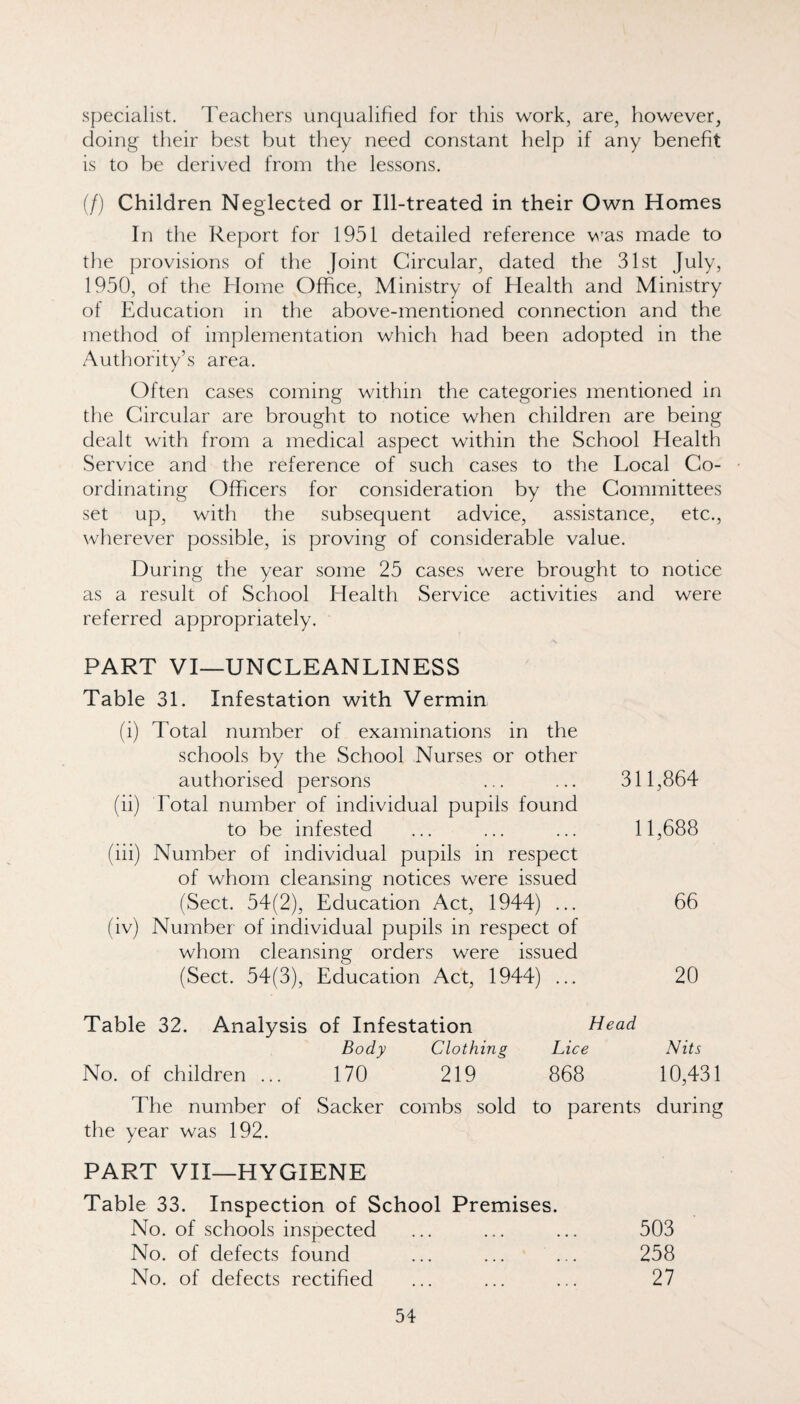 specialist. Teachers unqualified for this work, are, however, doing their best but they need constant help if any benefit is to be derived from the les.sons. (/) Children Neglected or Ill-treated in their Own Homes In the Report for 1951 detailed reference v^as made to tlie provisions of the joint Circular, dated the 31st July, 1950, of the Home Office, Ministry of Health and Ministry of Education in the above-mentioned connection and the method of implementation which had been adopted in the Authority’s area. Often cases coming within the categories mentioned in the Circular are brought to notice when children are being dealt with from a medical aspect within the School Health Service and the reference of such cases to the Local Co¬ ordinating Officers for consideration by the Committees set up, with the subsequent advice, assistance, etc., wherever possible, is proving of considerable value. During the year some 25 cases were brought to notice as a result of School Health Service activities and were referred appropriately. PART VI—UNCLEANLINESS Table 31. Infestation with Vermin (i) Total number of examinations in the schools by the School Nurses or other authorised persons (ii) Total number of individual pupils found to be infested (iii) Number of individual pupils in respect of whom cleansing notices were issued (Sect. 54(2), Education Act, 1944) ... (iv) Number of individual pupils in respect of whom cleansing orders were issued (Sect. 54(3), Education Act, 1944) ... 311,864 11,688 66 20 Table 32. Analysis of Infestation Body Clothing No. of children ... 170 219 Head Lice 868 The number of Sacker combs sold to parents the year was 192. Nits 10,431 during PART VII—HYGIENE Table 33. Inspection of School Premises. No. of schools inspected 503 No. of defects found 258 No. of defects rectified 27