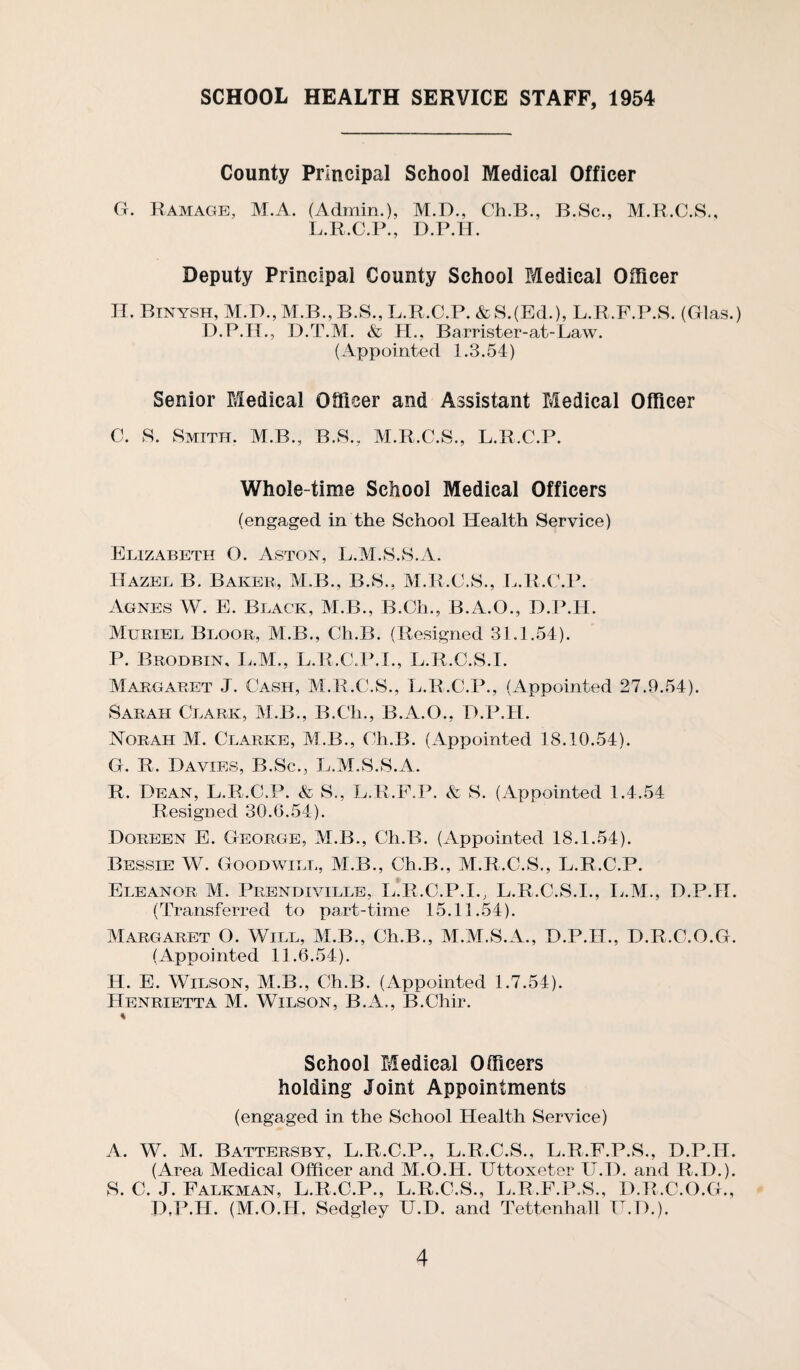 SCHOOL HEALTH SERVICE STAFF, 1954 County Principal School Medical Officer G. Ramage, M.A. (Admin.), M.D., Ch.B., B.Sc., M.R.C.S., L.R.C.R., D.P.H. Deputy Principal County School Medical Officer IT. Btnysh, M.D., M.B., B.S., L.R.C.P. & S.(Ed.), L.R.F.P.S. (Glas.) D.P.H., D.T.M. & PI., Barrister-at-Law. (Appointed 1.3.54) Senior Medical Officer and Assistant Medical Officer C. S. Smith. M.B., B.S., M.R.C.S., L.R.C.P. Whole-time School Medical Officers (engaged in the School Health Service) Elizabeth O. Aston, L.M.S.S.A. Hazel B. Baker, M.B., B.S., M.R.C.S., L.R.(M\ Agnes W. P]. Black, M.B., B.Ch., B.A.O., D.P.H. Muriel Bloor, M;.B., Ch.B. (Resigned 31.1.54). P. Brodbin, L.M., L.R.C.P.I., L.R.C.S.I. Margaret J. Cash, M.R.C.S., I^.R.C.P., (Appointed 27.9.54). Sarah Clark, M.B., B.Ch., B.A.O., D.P.H. Norah M. Clarke, M.B., tdi.B. (Appointed 18.10.54). G. R. Davies, B.Sc., L.M.S.S.A. R. Dean, L.R.C.P. & S., L.R.E.P. & S. (Appointed 1.4.54 Resigned 30.6.54). Doreen E. George, M.B., Ch.B. (Appointed 18.1.54). Bessie W. Goodwill, M.B., Ch.B., M.R.C.S., L.R.C.P. Eleanor M. Prendiville, li.R.C.P.I., L.R.C.S.I., li.M., D.P.H. (Transferred to paTt-time 15.11.54). Margaret O. Will, M.B., Ch.B., M.M.S.A., D.P.H., D.R.C.O.G. (Appointed 11.6.54). H. E. Wilson, M.B., Ch.B. (Appointed 1.7.54). Henrietta M. Wilson, B.A., B.Chir. % School Medical Officers holding Joint Appointments (engaged in the School Health Service) A. W. M. Battersby, L.R.C.P., L.R.C.S., L.R.E.P.S., D.P.H. (Area Medical Officer and M.O.H. Uttoxeter II.D. and R.D.). S. C. J. Falkman, L.R.C.P., L.R.C.S., L.R.F.P.S., D.R.C.O.G., D.P.H. (M.O.H. Sedgley U.D. and Tettenhall 1.D.).