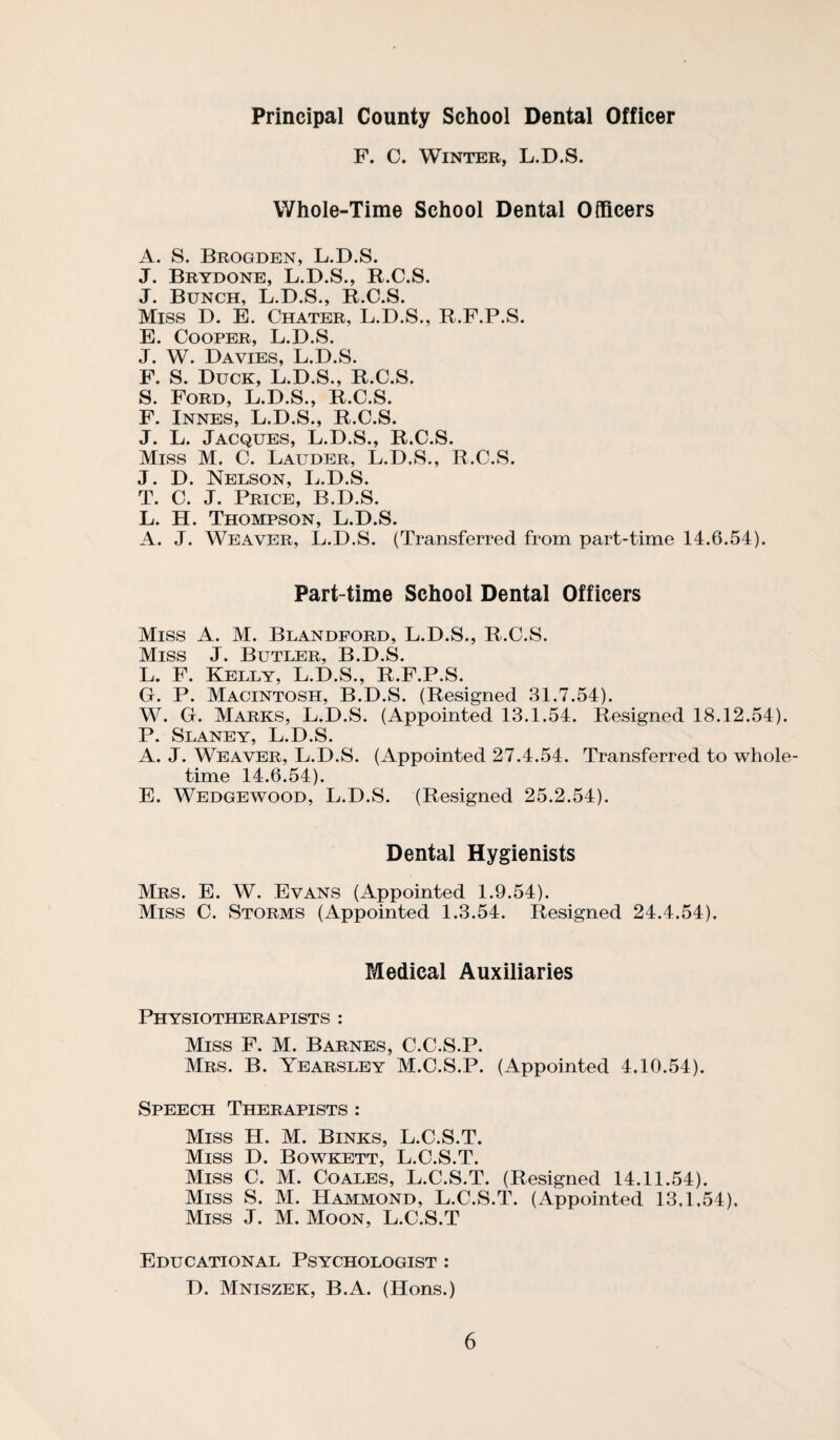 Principal County School Dental Officer F. C. Winter, L.D.S. Whole-Time School Dental Officers A. S. Brogden, L.D.S. J. Brydone, L.D.S., B.C.S. J. Bunch, L.D.S., R.C.S. Miss D. E. Chater, L.D.S., R.F.P.S. E. Cooper, L.D.S. J. W. Davies, L.D.S. F. S. Duck, L.D.S., R.C.S. S. Ford, L.D.S., R.C.S. F. INNES, L.D.S., R.C.S. J. L. Jacques, L.D.S., R.C.S. Miss M. C. Lauder, L.D.S., R.C.S. J. D. Nelson, L.D.S. T. C. J. Price, B.D.S. L. H. Thompson, L.D.S. A. J. Weaver, L.D.S. (Transferred from part-time 14.6.54). Part-time School Dental Officers Miss A. M. Blandford, L.D.S., R.C.S. Miss J. Butler, B.D.S. L. F. Kelly, L.D.S., R.F.P.S. G. P. Macintosh, B.D.S. (Resigned 31.7.54). W. G. Marks, L.D.S. (Appointed 13.1.54. Resigned 18.12.54). P. Slaney, L.D.S. A. J. Weaver, L.D.S. (Appointed 27.4.54. Transferred to whole¬ time 14.6.54). E. Wedgewood, L.D.S. (Resigned 25.2.54). Dental Hygienists Mrs. E. W. Evans (Appointed 1.9.54). Miss C. Storms (Appointed 1.3.54. Resigned 24.4.54). Medical Auxiliaries Physiotherapists : Miss F. M. Barnes, C.C.S.P. Mrs. B. Yearsley M.C.S.P. (Appointed 4.10.54). Speech Therapists ; Miss H. M. Binks, L.C.S.T. Miss D. Bowkett, L.C.S.T. Miss C. M. Coales, L.C.S.T. (Resigned 14.11.54). Miss S. M. Ham;mond, L.C.S.T. (Appointed 13.1.54). Miss J. M. Moon, L.C.S.T Educational Psychologist : D. Mniszek, B.A. (Hons.)