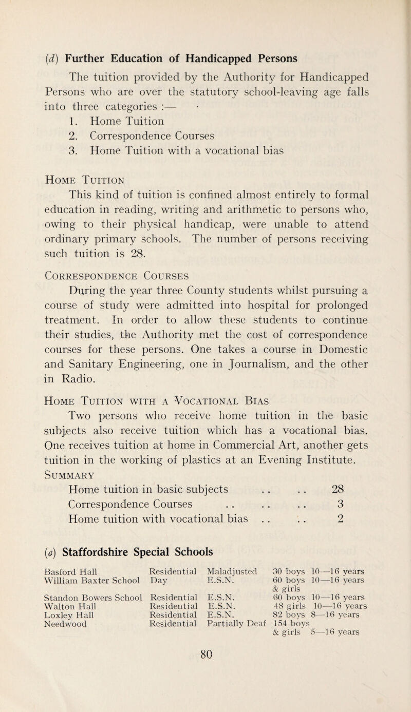 (d) Further Education of Handicapped Persons Tlie tuition provided by the Authority for Handicapped Persons who are over the statutory school-leaving age falls into three categories :— 1. Home Tuition 2. Correspondence Courses 3. Home Tuition with a vocational bias Home Tuition This kind of tuition is confined almost entirely to formal education in reading, writing and arithm.etic to persons who, owing to their physical handicap, were unable to attend ordinary primary schools. The number of persons receiving such tuition is 28. Correspondence Courses During the year three County students whilst pursuing a course of study were admitted into hospital for prolonged treatment. In order to allow these students to continue their studies, the Authority met the cost of correspondence courses for these persons. One takes a course in Domestic and Sanitary Engineering, one in Journalism, and the other in Radio. Home Tuition with a Vocational Bias Two persons who receive home tuition in the basic subjects also receive tuition which has a vocational bias. One receives tuition at homx in Commercial Art, another gets tuition in the working of plastics at an Evening Institute. Summary Hom.e tuition in basic subjects . . . . 28 Correspondence Courses .. . . .. 3 Home tuition with vocational bias . . . . 2 (e) Staffordshire Special Schools Basford Hall William Baxter School Standon Bowers School Walton Hall Loxley Hall Needwood Residential Maladjusted Day E.S.N. Residential E.S.N. Residential E.S.N. Residential E.S.N. Residential Partially Deaf 30 boys 10—16 years 60 boys 10—16 years & girls 60 boys 10—16 years 48 girls 10—16 years 82 boys 8—16 years 154 boys & girls 5—16 years