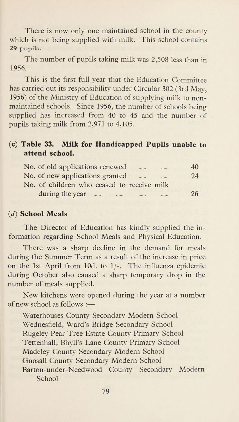 There is now only one maintained school in the county which is not being supplied with milk. This school contains 29 pupilo. The number of pupils taking milk was 2,508 less than in 1956. This is the first full year that the Education Committee has carried out its responsibility under Circular 302 (3rd May, 1956) of the Ministry of Education of supplying milk to non- maintained schools. Since 1956, the number of schools being supplied has increased from 40 to 45 and the number of pupils taking milk from 2,971 to 4,105. (c) Table 33. Milk for Handicapped Pupils unable to attend school. No. of old applications renewed . 40 No. of new applications granted . 24 No. of children who ceased to receive milk during the year . 26 {d) School Meals The Director of Education has kindly supplied the in¬ formation regarding School Meals and Physical Education. There was a sharp decline in the demand for meals during the Summer Term as a result of the increase in price on the 1st April from lOd. to 1/-. The influenza epidemic during October also caused a sharp temporary drop in the number of meals supplied. New kitchens were opened during the year at a number of new school as follows :— Waterhouses County Secondary Modern School Wednesfleld, Ward’s Bridge Secondary School Rugeley Pear Tree Estate County Primary School Tettenhall, Bhyll’s Lane County Primary School Madeley County Secondary Modern School Gnosall County Secondary Modern School Barton-under-Needwood County Secondary Modern School