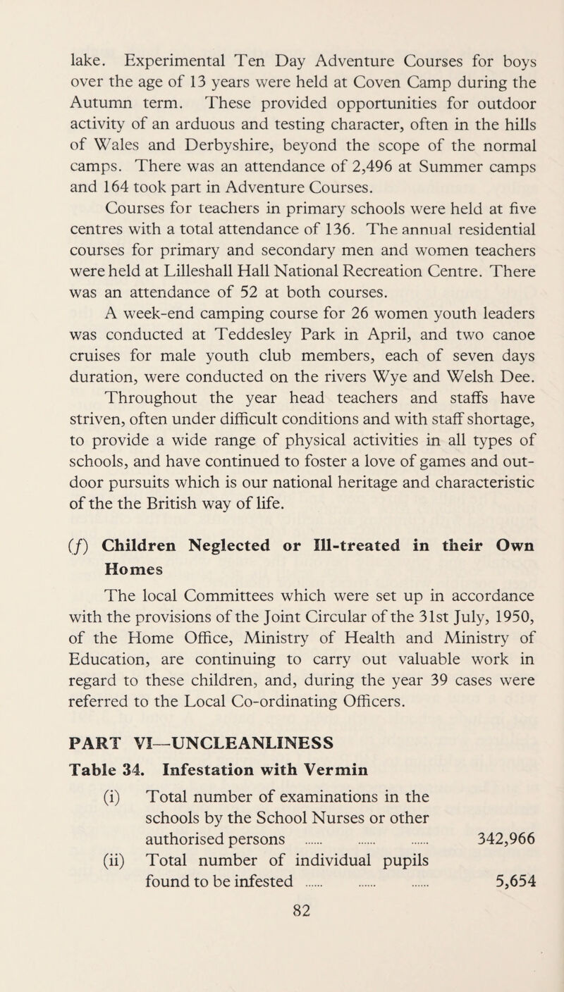lake. Experimental Ten Day Adventure Courses for boys over the age of 13 years were held at Coven Camp during the Autumn term. These provided opportunities for outdoor activity of an arduous and testing character, often in the hills of Wales and Derbyshire, beyond the scope of the normal camps. There was an attendance of 2,496 at Summer camps and 164 took part in Adventure Courses. Courses for teachers in primary schools were held at five centres with a total attendance of 136. The annual residential courses for primary and secondary men and women teachers were held at Lilleshall Hall National Recreation Centre. There was an attendance of 52 at both courses. A week-end camping course for 26 women youth leaders was conducted at Teddesley Park in April, and two canoe cruises for male youth club members, each of seven days duration, were conducted on the rivers Wye and Welsh Dee. Throughout the year head teachers and staffs have striven, often under difficult conditions and with staff shortage, to provide a wide range of physical activities in all types of schools, and have continued to foster a love of games and out¬ door pursuits which is our national heritage and characteristic of the the British way of life. (/) Children Neglected or Ill-treated in their Own Homes The local Committees which were set up in accordance with the provisions of the Joint Circular of the 31st July, 1950, of the Home Office, Ministry of Health and Ministry of Education, are continuing to carry out valuable work in regard to these children, and, during the year 39 cases were referred to the Local Co-ordinating Officers. PART VI—UNCLEANLINESS Table 34. Infestation with Vermin (i) Total number of examinations in the schools by the School Nurses or other authorised persons . 342,966 (ii) Total number of individual pupils found to be infested . 5,654