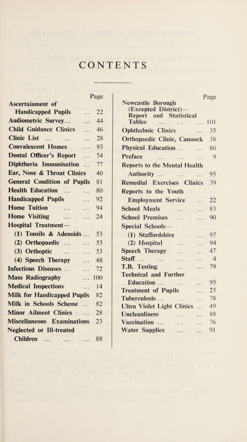 CONTENTS Page Ascertainment of Handicapped Pupils ... 22 Audiometric Survey. 44 Child Guidance Clinics ... 46 Clinic List. 28 Convalescent Homes ... 93 Dental Officer’s Report ... 54 Diphtheria Immunisation ... 77 Ear, Nose & Throat Clinics 40 General Condition of Pupils 81 Health Education . 80 Handicapped Pupils ... 92 Home Tuition . 94 Home Visiting . 24 Hospital Treatment— (1) Tonsils & Adenoids ... 53 (2) Orthopaedic. 53 (3) Orthoptic . 53 (4) Speech Therapy ... 48 Infectious Diseases. 72 Mass Radiography ... 100 Medical Inspections ... 14 Milk for Handicapped Pupils 82 Milk in Schools Scheme ... 82 Minor Ailment Clinics ... 28 Miscellaneous Examinations 23 Neglected or Ill-treated Children. 88 Page Newcastle Borough (Excepted District)— Report and Statistical Tables .101 Ophthalmic Clinics ... 35 Orthopaedic Clinic, Cannock 38 Physical Education. 86 Preface . 9 Reports to the Mental Health Authority. 95 Remedial Exercises Clinics 39 Reports to the Youth Employment Service ... 22 School Meals . 83 School Premises ... ... 90 Special Schools— (1) Staffordshire ... 97 (2) Hospital . 94 Speech Therapy . 47 Staff. 4 T.B. Testing . 79 Technical and Further Education ... 95 Treatment of Pupils ... 25 Tuberculosis ... ... ... 78 Ultra Violet Light Clinics ... 49 Uncleanliness ... ... 88 Vaccination ... ... ... 76 Water Supplies . 91