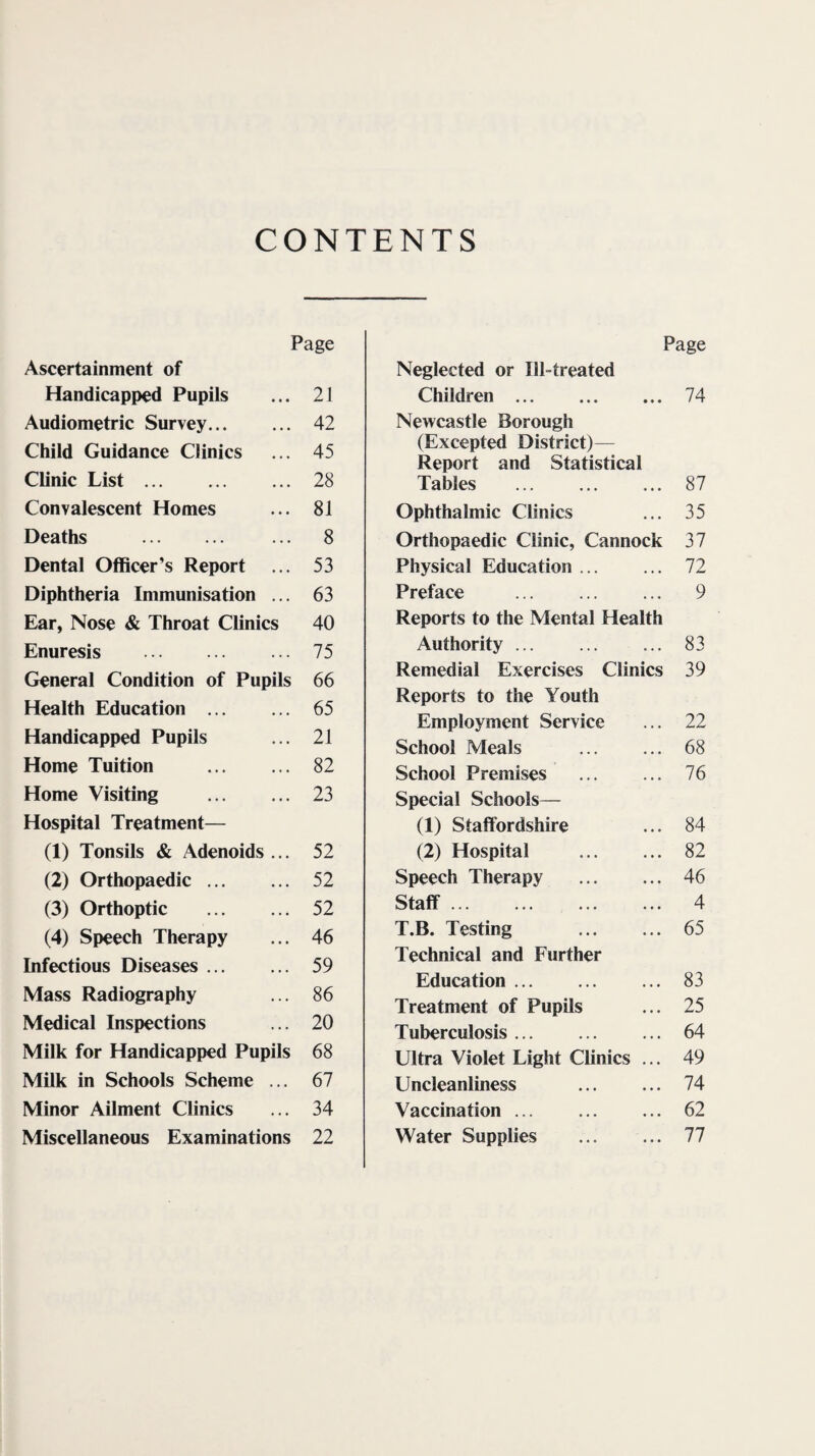 CONTENTS Ascertainment of Handicapped Pupils Audiometric Survey. Child Guidance Clinics Clinic List. Convalescent Homes Deaths . Dental Officer’s Report ... Diphtheria Immunisation ... Ear, Nose & Throat Clinics Enuresis . General Condition of Pupils Health Education . Handicapped Pupils Home Tuition . Home Visiting . Hospital Treatment— (1) Tonsils & Adenoids ... (2) Orthopaedic. (3) Orthoptic . (4) Speech Therapy Infectious Diseases. Mass Radiography Medical Inspections Milk for Handicapped Pupils Milk in Schools Scheme ... Minor Ailment Clinics Miscellaneous Examinations Page 21 42 45 28 81 8 53 63 40 75 66 65 21 82 23 52 52 52 46 59 86 20 68 67 34 22 Page Neglected or Ill-treated Children. 74 Newcastle Borough (Excepted District)— Report and Statistical Tables ... ... ... 87 Ophthalmic Clinics ... 35 Orthopaedic Clinic, Cannock 37 Physical Education ... ... 72 Preface . 9 Reports to the Mental Health Authority. 83 Remedial Exercises Clinics 39 Reports to the Youth Employment Service ... 22 School Meals . 68 School Premises ... ... 76 Special Schools— (1) Staffordshire ... 84 (2) Hospital . 82 Speech Therapy . 46 Staff. 4 T.B. Testing . 65 Technical and Further Education. 83 Treatment of Pupils ... 25 Tuberculosis. 64 Ultra Violet Light Clinics ... 49 Uncleanliness ... ... 74 Vaccination. 62 Water Supplies . 77