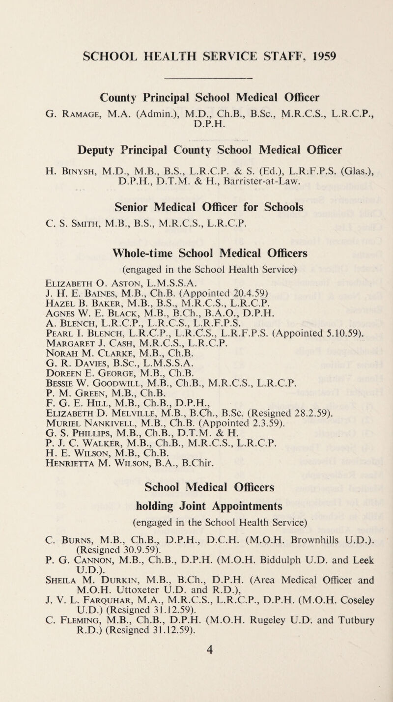 County Principal School Medical Officer G. Ramage, M.A. (Admin.), M.D., Ch.B., B.Sc., M.R.C.S., L.R.C.P., D.P.H. Deputy Principal County School Medical Officer H. Binysh, M.D., M.B., B.S., L.R.C.P. & S. (Ed.), L.R.F.P.S. (Glas.), D.P.H., D.T.M. & H., Barrister-at-Law. Senior Medical Officer for Schools C. S. Smith, M.B., B.S., M.R.C.S., L.R.C.P. Whole-time School Medical Officers (engaged in the School Health Service) Elizabeth O. Aston, L.M.S.S.A. J. H. E. Baines, M.B., Ch.B. (Appointed 20.4.59) Hazel B. Baker, M.B., B.S., M.R.C.S., L.R.C.P. Agnes W. E. Black, M.B., B.Ch., B.A.O., D.P.H. A. Blench, L.R.C.P., L.R.C.S., L.R.F.P.S. Pearl I. Blench, L.R.C.P., L.R.C.S., L.R.F.P.S. (Appointed 5.10.59). Margaret J. Cash, M.R.C.S., L.R.C.P. Norah M. Clarke, M.B., Ch.B. G. R. Davies, B.Sc., L.M.S.S.A. Doreen E. George, M.B., Ch.B. Bessie W. Goodwill, M.B., Ch.B., M.R.C.S., L.R.C.P. P. M. Green, M.B., Ch.B. F. G. E. Hill, M.B., Ch.B., D.P.H., Elizabeth D. Melville, M.B., B.Ch., B.Sc. (Resigned 28.2.59). Muriel Nankivell, M.B., Ch.B. (Appointed 2.3.59). G. S. Phillips, M.B., Ch.B., D.T.M. & H. P. J. C. Walker, M.B., Ch.B., M.R.C.S., L.R.C.P. H. E. Wilson, M.B., Ch.B. Henrietta M. Wilson, B.A., B.Chir. School Medical Officers holding Joint Appointments (engaged in the School Health Service) C. Burns, M.B., Ch.B., D.P.H., D.C.H. (M.O.H. Brownhills U.D.). (Resigned 30.9.59). P. G. Cannon, M.B., Ch.B., D.P.H. (M.O.H. Biddulph U.D. and Leek U.D.). Sheila M. Durkin, M.B., B.Ch., D.P.H. (Area Medical Officer and M.O.H. Uttoxeter U.D. and R.D.), J. V. L. Farquhar, M.A., M.R.C.S., L.R.C.P., D.P.H. (M.O.H. Coseley U.D.) (Resigned 31.12.59). C. Fleming, M.B., Ch.B., D.P.H. (M.O.H. Rugeley U.D. and Tutbury R.D.) (Resigned 31.12.59).