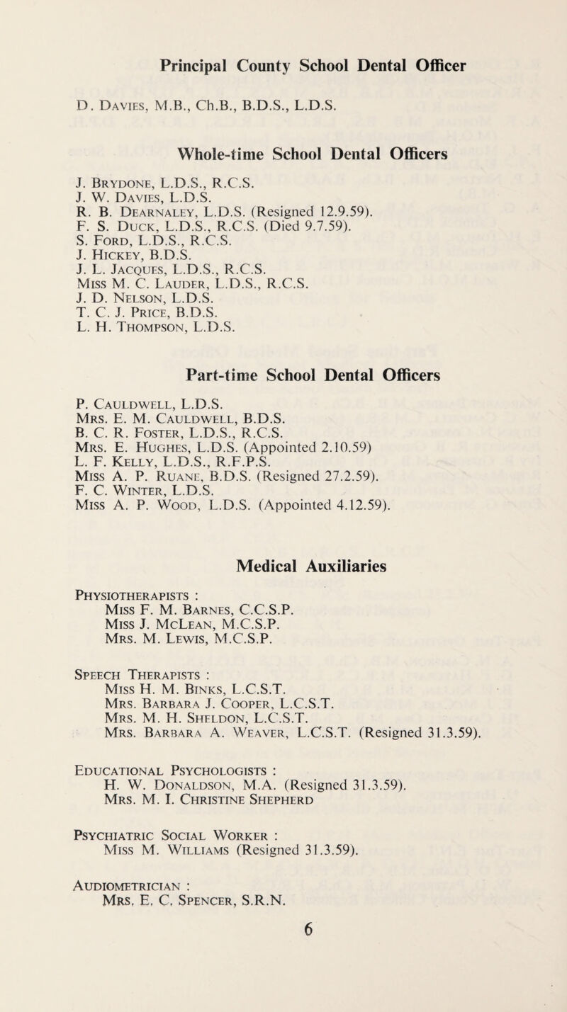 Principal County School Dental Officer D. Davies, M.B., Ch.B., B.D.S., L.D.S. Whole-time School Dental Officers J. Brydone, L.D.S., R.C.S. J. W. Davies, L.D.S. R. B. Dearnaley, L.D.S. (Resigned 12.9.59), F. S. Duck, L.D.S., R.C.S. (Died 9.7.59). S. Ford, L.D.S., R.C.S. J. Hickey, B.D.S. J. L. Jacques, L.D.S., R.C.S. Miss M. C. Lauder, L.D.S., R.C.S. J. D. Nelson, L.D.S. T. C. J. Price, B.D.S. L. H. Thompson, L.D.S. Part-time School Dental Officers P. Cauldwell, L.D.S. Mrs. E. M. Cauldwell, B.D.S. B. C. R. Foster, L.D.S., R.C.S. Mrs, E. Hughes, L.D.S. (Appointed 2.10.59) L. E. Kelly, L.D.S., R.F.P.S. Miss A. P. Ruane, B.D.S. (Resigned 27.2.59). F. C. Winter, L.D.S. Miss A. P. Wood, L.D.S. (Appointed 4.12.59). Medical Auxiliaries Physiotherapists : Miss F. M. Barnes, C.C.S.P. Miss J. McLean, M.C.S.P. Mrs. M. Lewis, M.C.S.P. Speech Therapists : Miss H. M. Binks, L.C.S.T. Mrs. Barbara J. Cooper, L.C.S.T. Mrs. M. H. Sheldon, L.C.S.T. Mrs. Barbara A. Weaver, L.C.S.T. (Resigned 31.3.59). Educational Psychologists : H. W. Donaldson, M.A. (Resigned 31.3.59). Mrs. M. I. Christine Shepherd Psychiatric Social Worker : Miss M. Williams (Resigned 31.3.59). Audiometrician : Mrs, E, C, Spencer, S.R.N.