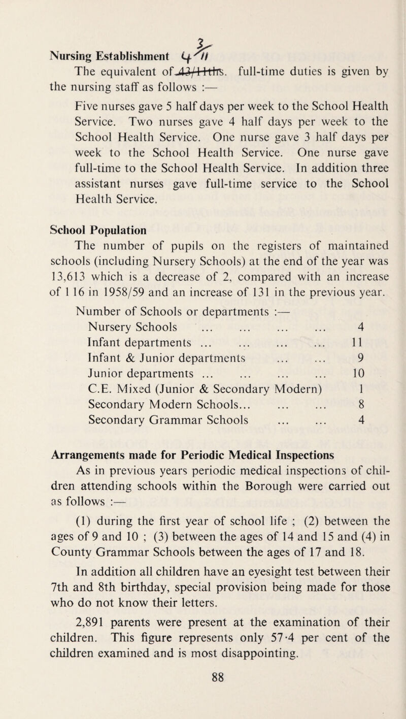 Nursing Establishment The equivalent of^3/l life, full-time duties is given by the nursing staff as follows :— Five nurses gave 5 half days per week to the School Health Service. Two nurses gave 4 half days per week to the School Health Service. One nurse gave 3 half days per week to the School Health Service. One nurse gave full-time to the School Health Service. In addition three assistant nurses gave full-time service to the School Health Service. School Population The number of pupils on the registers of maintained schools (including Nursery Schools) at the end of the year was 13,613 which is a decrease of 2, compared with an increase of 1 16 in 1958/59 and an increase of 131 in the previous year. Number of Schools or departments :— Nursery Schools ... ... ... ... 4 Infant departments ... ... ... ... 11 Infant & Junior departments ... ... 9 Junior departments ... ... ... ... 10 C.E. Mixed (Junior & Secondary Modern) 1 Secondary Modern Schools... ... ... 8 Secondary Grammar Schools ... ... 4 Arrangements made for Periodic Medical Inspections As in previous years periodic medical inspections of chil¬ dren attending schools within the Borough were carried out as follows :— (1) during the first year of school life ; (2) between the ages of 9 and 10 ; (3) between the ages of 14 and 15 and (4) in County Grammar Schools between the ages of 17 and 18. In addition all children have an eyesight test between their 7th and 8th birthday, special provision being made for those who do not know their letters. 2,891 parents were present at the examination of their children. This figure represents only 57-4 per cent of the children examined and is most disappointing.