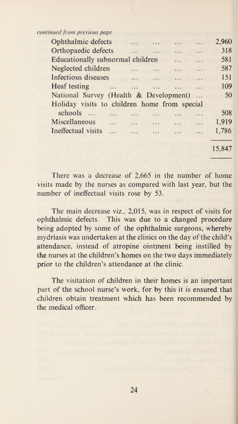 continued from previous page Ophthalmic defects . Orthopaedic defects Educationally subnormal children . Neglected children . Infectious diseases Heaf testing ... ... ... . National Survey (Health & Development) ... Holiday visits to children home from special schools. Miscellaneous . Ineffectual visits ... 2,960 318 581 587 151 109 50 508 1,919 1,786 15,847 There was a decrease of 2,665 in the number of home visits made by the nurses as compared with last year, but the number of ineffectual visits rose by 53. The main decrease viz., 2,015, was in respect of visits for ophthalmic defects. This was due to a changed procedure being adopted by some of the ophthalmic surgeons, whereby mydriasis was undertaken at the clinics on the day of the child’s attendance, instead of atropine ointment being instilled by the nurses at the children’s homes on the two days immediately prior to the children’s attendance at the clinic. The visitation of children in their homes is an important part of the school nurse’s work, for by this it is ensured that children obtain treatment which has been recommended by the medical officer.