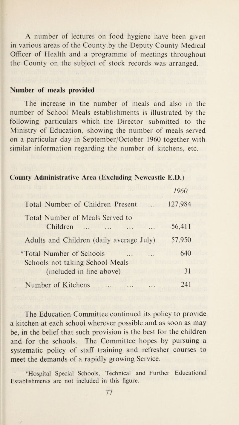 A number of lectures on food hygiene have been given in various areas of the County by the Deputy County Medical Officer of Health and a programme of meetings throughout the County on the subject of stock records was arranged. Number of meals provided The increase in the number of meals and also in the number of School Meals establishments is illustrated by the following particulars which the Director submitted to the Ministry of Education, showing the number of meals served on a particular day in September/October 1960 together with similar information regarding the number of kitchens, etc. County Administrative Area (Excluding Newcastle E.D.) I960 Total Number of Children Present ... 127,984 Total Number of Meals Served to Children ... ... ... ... 56,411 Adults and Children (daily average July) 57,950 *Total Number of Schools ... ... 640 Schools not taking School Meals (included in line above) 31 Number of Kitchens ... ... ... 241 The Education Committee continued its policy to provide a kitchen at each school wherever possible and as soon as may be, in the belief that such provision is the best for the children and for the schools. The Committee hopes by pursuing a systematic policy of staff training and refresher courses to meet the demands of a rapidly growing Service. *Hospital Special Schools, Technical and Further Educational Establishments are not included in this figure.