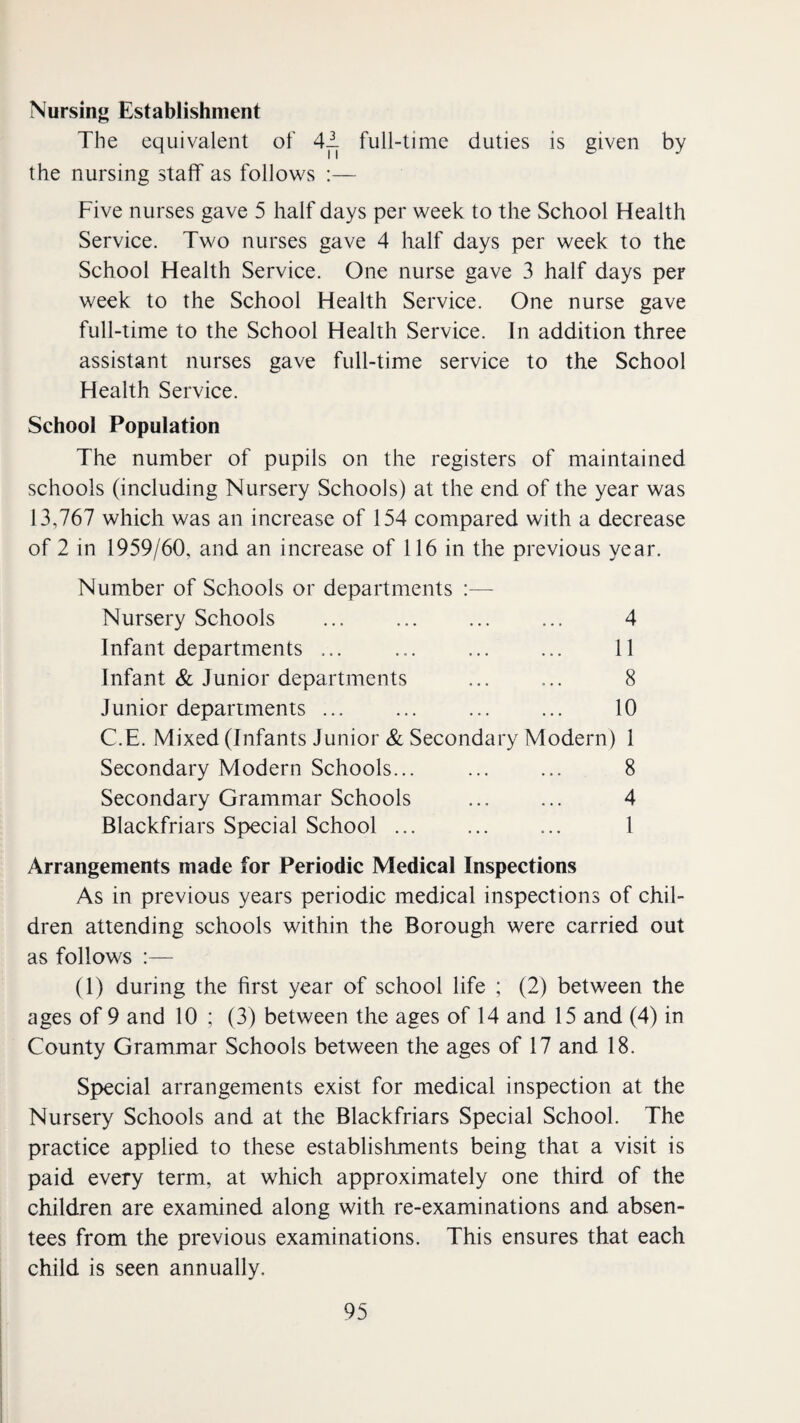 Nursing Establishment The equivalent of 41 full-time duties is given by the nursing staff as follows :— Five nurses gave 5 half days per week to the School Flealth Service. Two nurses gave 4 half days per week to the School Health Service. One nurse gave 3 half days per week to the School Health Service. One nurse gave full-time to the School Health Service. In addition three assistant nurses gave full-time service to the School Health Service. School Population The number of pupils on the registers of maintained schools (including Nursery Schools) at the end of the year was 13,767 which was an increase of 154 compared with a decrease of 2 in 1959/60, and an increase of 116 in the previous year. Number of Schools or departments :— Nursery Schools ... . ... 4 Infant departments ... ... ... ... 11 Infant & Junior departments ... ... 8 Junior departments ... ... ... ... 10 C.E. Mixed (Infants Junior & Secondary Modern) 1 Secondary Modern Schools... ... ... 8 Secondary Grammar Schools . 4 Blackfriars Special School ... ... ... 1 Arrangements made for Periodic Medical Inspections As in previous years periodic medical inspections of chil¬ dren attending schools within the Borough were carried out as follows (1) during the first year of school life ; (2) between the ages of 9 and 10 ; (3) between the ages of 14 and 15 and (4) in County Grammar Schools between the ages of 17 and 18. Special arrangements exist for medical inspection at the Nursery Schools and at the Blackfriars Special School. The practice applied to these establishments being that a visit is paid every term, at which approximately one third of the children are examined along with re-examinations and absen¬ tees from the previous examinations. This ensures that each child is seen annually.