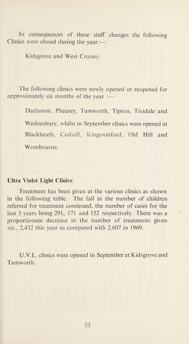 In consequences of these staff changes the following Clinics were closed during the year:—• Kidsgrove and West Coyney. The following clinics were newly opened or reopened for approximately six months of the year :— Darlaston, Pheasey, Tamworth, Tipton, Tividale and Wednesbury, whilst in September clinics were opened at Blackheath, Codsall, Kingswinford, Old Hill and Wombourne, Ultra Violet Light Clinics Treatment has been given at the various clinics as shown in the following table. The fall in the number of children referred for treatment continued, the number of cases for the last 3 years being 291, 171 and 152 respectively. There was a proportionate decrease in the number of treatments given viz., 2,432 this year as compared with 2,607 in 1960. U.V.L. clinics were opened in September at Kidsgrove and Tamworth.