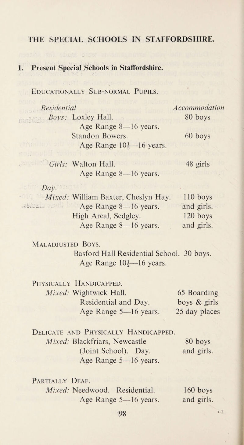 THE SPECIAL SCHOOLS IN STAFFORDSHIRE. ) • . Present Special Schools in Staffordshire. Educationally Sub-normal Pupils. Residential Accommodation Boys: Loxley Hall. 80 boys Age Range 8—16 years. Standon Bowers. 60 boys Age Range 10|—16 years. Girls: Walton Hall. 48 girls Age Range 8—16 years. Day. Mixed: William Baxter, Cheslyn Hay. 110 boys — Age Range 8—16 years. and girls. High Areal, Sedgley. 120 boys Age Range 8—16 years. and girls. Maladjusted Boys. Basford Hall Residential School. 30 boys. Age Range 10J—16 years. Physically Handicapped. Mixed: Wightwick Hall. 65 Boarding Residential and Day. boys & girls Age Range 5—16 years. 25 day places Delicate and Physically Handicapped. Mixed: Blackfriars, Newcastle 80 boys (Joint School). Day. and girls. Age Range 5—16 years. Partially Deaf. Mixed: Needwood. Residential. 160 boys Age Range 5—16 years. and girls. g!