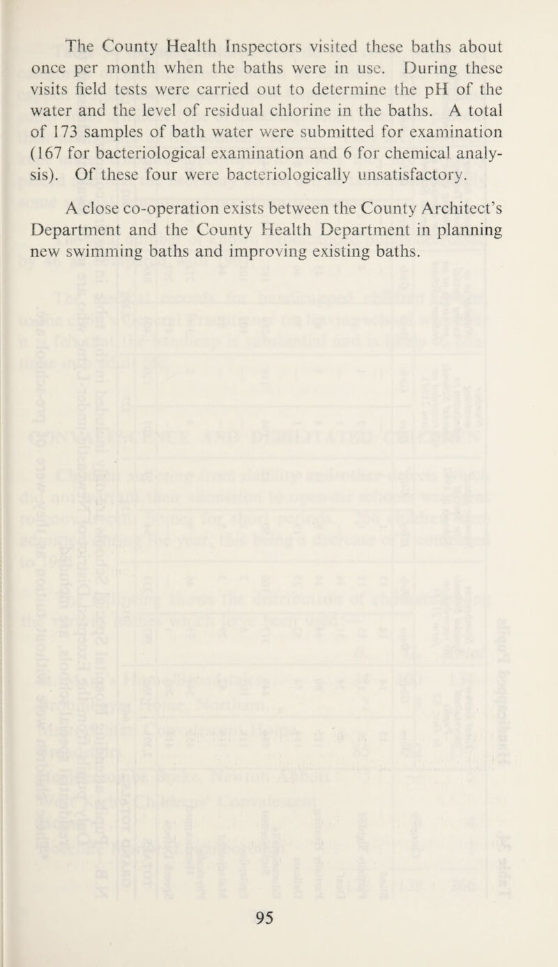 The County Health Inspectors visited these baths about once per month when the baths were in use. During these visits field tests were carried out to determine the pFI of the water and the level of residual chlorine in the baths. A total of 173 samples of bath water were submitted for examination (167 for bacteriological examination and 6 for chemical analy¬ sis). Of these four were bacteriologically unsatisfactory. A close co-operation exists between the County Architect’s Department and the County Health Department in planning new swimming baths and improving existing baths.