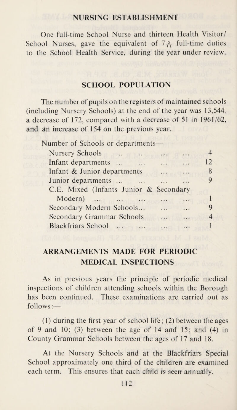 NURSING ESTABLISHMENT One full-time School Nurse and thirteen Health Visitor/ School Nurses, gave the equivalent of Tfj- full-time duties to the School Health Service, during the year under review. SCHOOL POPULATION The number of pupils on the registers of maintained schools (including Nursery Schools) at the end of the year was 13,544. a decrease of 172, compared with a decrease of 51 in 1961/62, and an increase of 154 on the previous year. Number of Schools or departments— Nursery Schools Infant departments ... Infant & Junior departments Junior departments ... C.E. Mixed (Infants Junior & Secondary Modern) Secondary Modern Schools... Secondary Grammar Schools Blackfriars School 4 12 8 9 1 9 4 I ARRANGEMENTS MADE FOR PERIODIC MEDICAL INSPECTIONS As in previous years the principle of periodic medical inspections of children attending schools within the Borough has been continued. These examinations are carried out as follows:— (1) during the first year of school life; (2) between the ages of 9 and 10; (3) between the age of 14 and 15; and (4) in County Grammar Schools between the ages of 17 and 18. At the Nursery Schools and at the Blackfriars Special School approximately one third of the children are examined each term. This ensures that each child is seen annually.