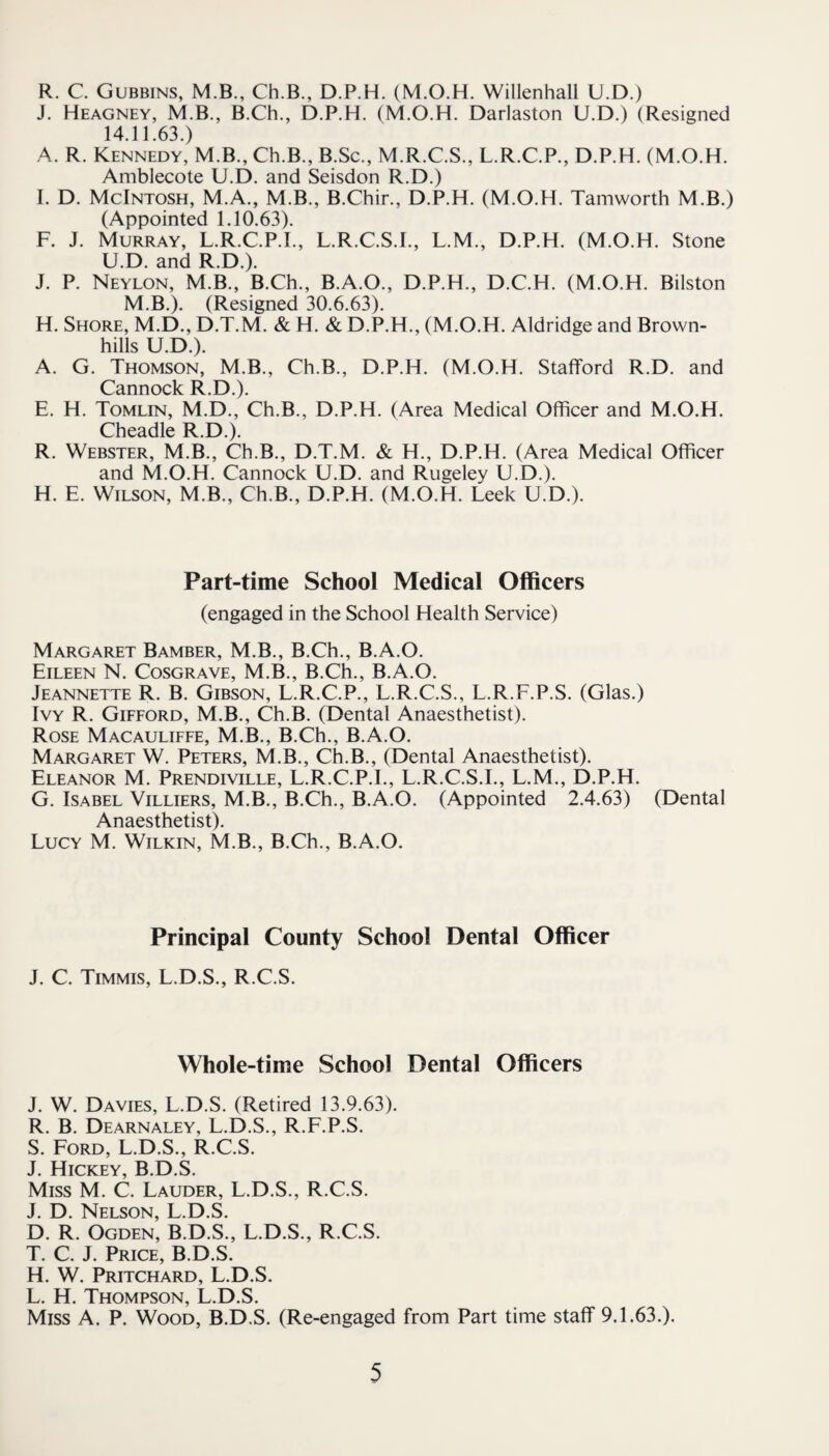 R. C. Gubbins, M.B., Ch.B., D.P.H. (M.O.H. Willenhall U.D.) J. Heagney, M.B., B.Ch., D.P.H. (M.O.H. Darlaston U.D.) (Resigned 14.11.63.) A. R. Kennedy, M.B., Ch.B., B.Sc., M.R.C.S., L.R.C.P., D.P.H. (M.O.H. Amblecote U.D. and Seisdon R.D.) I. D. McIntosh, M.A., M.B., B.Chir., D.P.H. (M.O.H. Tamworth M.B.) (Appointed 1.10.63). F. J. Murray, L.R.C.P.I., L.R.C.S.I., L.M., D.P.H. (M.O.H. Stone U.D. and R.D.). J. P. Neylon, M.B., B.Ch., B.A.O., D.P.H., D.C.H. (M.O.H. Bilston M.B.). (Resigned 30.6.63). H. Shore, M.D., D.T.M. & H. & D.P.H., (M.O.H. Aldridge and Brown- hills U.D.). A. G. Thomson, M.B., Ch.B., D.P.H. (M.O.H. Stafford R.D. and Cannock R.D.). E. H. Tomlin, M.D., Ch.B., D.P.H. (Area Medical Officer and M.O.H. Cheadle R.D.). R. Webster, M.B., Ch.B., D.T.M. & H., D.P.H. (Area Medical Officer and M.O.H. Cannock U.D. and Rugeley U.D.). H. E. Wilson, M.B., Ch.B., D.P.H. (M.O.H. Leek U.D.). Part-time School Medical Officers (engaged in the School Health Service) Margaret Bamber, M.B., B.Ch., B.A.O. Eileen N. Cosgrave, M.B., B.Ch., B.A.O. Jeannette R. B. Gibson, L.R.C.P., L.R.C.S., L.R.F.P.S. (Glas.) Ivy R. Gifford, M.B., Ch.B. (Dental Anaesthetist). Rose Macauliffe, M.B., B.Ch., B.A.O. Margaret W. Peters, M.B., Ch.B., (Dental Anaesthetist). Eleanor M. Prendiville, L.R.C.P.I., L.R.C.S.I., L.M., D.P.H. G. Isabel Villiers, M.B., B.Ch., B.A.O. (Appointed 2.4.63) (Dental Anaesthetist). Lucy M. Wilkin, M.B., B.Ch., B.A.O. Principal County School Dental Officer J. C. Timmis, L.D.S., R.C.S. Whole-time School Dental Officers J. W. Davies, L.D.S. (Retired 13.9.63). R. B. Dearnaley, L.D.S., R.F.P.S. S. Ford, L.D.S., R.C.S. J. Hickey, B.D.S. Miss M. C. Lauder, L.D.S., R.C.S. J. D. Nelson, L.D.S. D. R. Ogden, B.D.S., L.D.S., R.C.S. T. C. J. Price, B.D.S. H. W. Pritchard, L.D.S. L. H. Thompson, L.D.S. Miss A. P. Wood, B.D.S. (Re-engaged from Part time staff 9.1.63.).