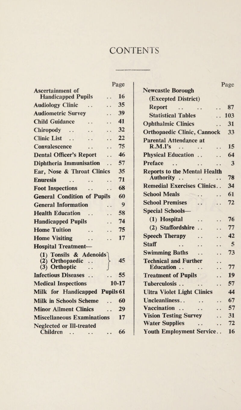 CONTENTS Page Ascertainment of Handicapped Pupils .. 16 Audiology Clinic ,. 35 Audiometric Survey .. 39 Child Guidance 41 Chiropody .. .. .. 32 Clinic List.22 Convalescence .. .. 75 Dental Officer’s Report ., 46 Diphtheria Immunisation .. 57 Ear, Nose & Throat Clinics 35 Enuresis .. 71 Foot Inspections .. 68 General Condition of Pupils 60 General Information .. 9 Health Education 58 Handicapped Pupils .. 74 Home Tuition 75 Home Visiting .. 17 Hospital Treatment— (1) Tonsils & Adenoids'! (2) Orthopaedic .. r (3) Orthoptic .. J Infectious Diseases .. .. 55 Medical Inspections 10-17 Milk for Handicapped Pupils 61 Milk in Schools Scheme .. 60 Minor Ailment Clinics .. 29 Miscellaneous Examinations 17 Neglected or Ill-treated Children .. .. .. 66 Page Newcastle Borough (Excepted District) Report .87 Statistical Tables ., 103 Ophthalmic Clinics .. 31 Orthopaedic Clinic, Cannock 33 Parental Attendance at R.M.l’s .. 15 Physical Education .. 64 Preface .. 3 Reports to the Mental Health Authority .. .. 78 Remedial Exercises Clinics.. 34 School Meals .. .. 61 School Premises .. 72 Special Schools— (1) Hospital .. 76 (2) Staffordshire .. .. 77 Speech Therapy .. 42 Staff .. .. .. 5 Swimming Baths 73 Technical and Further Education .. .. .. 77 Treatment of Pupils .. 19 Tuberculosis .. .. .. 57 Ultra Violet Light Clinics 44 Uncleanliness., .. .. 67 Vaccination .. .. .. 57 Vision Testing Survey .. 31 Water Supplies .. .. 72 Youth Employment Service.. 16