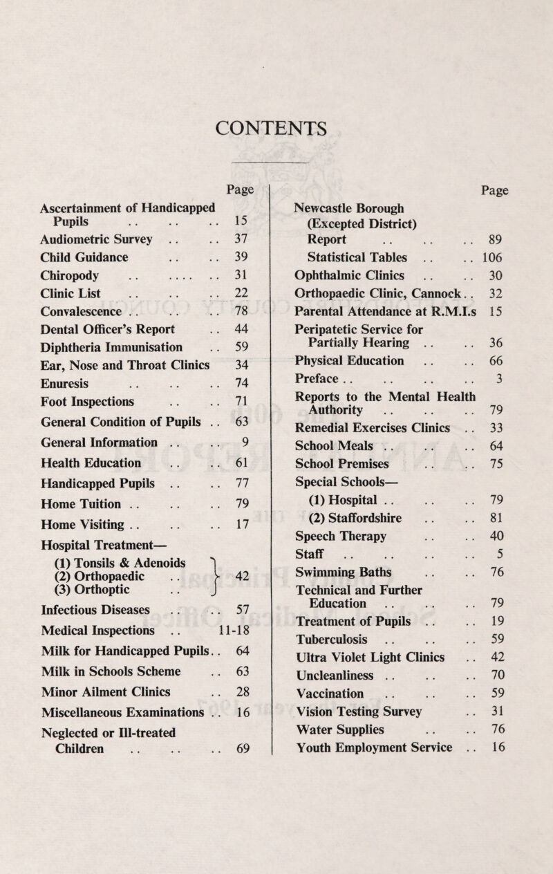 CONTENTS Page Ascertainment of Handicapped Pupils .. .. 15 Audiometric Survey .. .. 37 Child Guidance .. 39 Chiropody .. . 31 Clinic List .. . 22 Convalescence .. .. .. 78 Dental Officer’s Report .. 44 Diphtheria Immunisation .. 59 Ear, Nose and Throat Clinics 34 Enuresis .. .. 74 Foot Inspections 71 General Condition of Pupils .. 63 General Information .. Health Education Handicapped Pupils Home Tuition Home Visiting Hospital Treatment— (1) Tonsils & Adenoids (2) Orthopaedic (3) Orthoptic Infectious Diseases Medical Inspections Milk for Handicapped Pupils.. 64 Milk in Schools Scheme .. 63 Minor Ailment Clinics .. 28 Miscellaneous Examinations .. 16 Neglected or Ill-treated Children .. 69 Page Newcastle Borough (Excepted District) Report .. .. 89 Statistical Tables .. .. 106 Ophthalmic Clinics 30 Orthopaedic Clinic, Cannock.. 32 Parental Attendance at R.M.I.s 15 Peripatetic Service for Partially Hearing .. 36 Physical Education .. 66 Preface .. .. .. .. 3 Reports to the Mental Health Authority .. .. .. 79 Remedial Exercises Clinics 33 School Meals .. .. .. 64 School Premises 75 Special Schools— (1) Hospital.79 (2) Staffordshire .. .. 81 Speech Therapy .. 40 Staff .. .. .. .. 5 Swimming Baths .. .. 76 Technical and Further Education .. .. 79 Treatment of Pupils 19 Tuberculosis .. .. 59 Ultra Violet Light Clinics .. 42 Uncleanliness .. .. 70 Vaccination 59 Vision Testing Survey .. 31 Water Supplies .. 76 Youth Employment Service 16 9 61 77 79 17 57 11-18