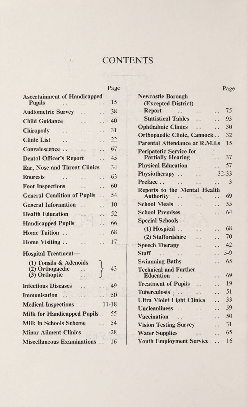 CONTENTS Page Ascertainment of Handicapped Pupils .. .. 15 Audiometric Survey .. .. 38 Child Guidance .. .. 40 Chiropody .. . 31 Clinic List .. .. .. 22 Convalescence .. .. .. 67 Dental Officer’s Report .. 45 Ear, Nose and Throat Clinics 34 Enuresis .. .. .. 63 Foot Inspections .. .. 60 General Condition of Pupils .. 54 General Information .. .. 10 Health Education .. 52 1 i  . • ! v ! Handicapped Pupils .. .. 66 Home Tuition .. .. 68 Home Visiting .. .. .. 17 Hospital Treatment— (1) Tonsils Sc Adenoids (2) Orthopaedic > 43 (3) Orthoptic .. J Infectious Diseases .. .. 49 Immunisation .. .. 50 Medical Inspections .. 11-18 Milk for Handicapped Pupils. . 55 Milk in Schools Scheme .. 54 Minor Ailment Clinics .. 28 Miscellaneous Examinations .. 16 Page Newcastle Borough (Excepted District) Report .. . . .. 75 Statistical Tables .. .. 93 Ophthalmic Clinics .. .. 30 Orthopaedic Clinic, Cannock.. 32 Parental Attendance at R.M.I.s 15 Peripatetic Service for Partially Hearing .. .. 37 Physical Education .. 57 Physiotherapy 32-33 Preface .. 3 Reports to the Mental Health Authority .. 69 School Meals .. 55 School Premises .. 64 Special Schools— (1) Hospital .. 68 (2) Staffordshire .. 70 Speech Therapy .. 42 Staff. .. 5-9 Swimming Baths .. .. 65 Technical and Further Education .. .. .. 69 Treatment of Pupils .. .. 19 Tuberculosis .. .. .. 51 Ultra Violet Light Clinics .. 33 Uncleanliness .. .. .. 59 Vaccination .. .. 50 Vision Testing Survey .. 31 Water Supplies .. 65 Youth Employment Service .. 16