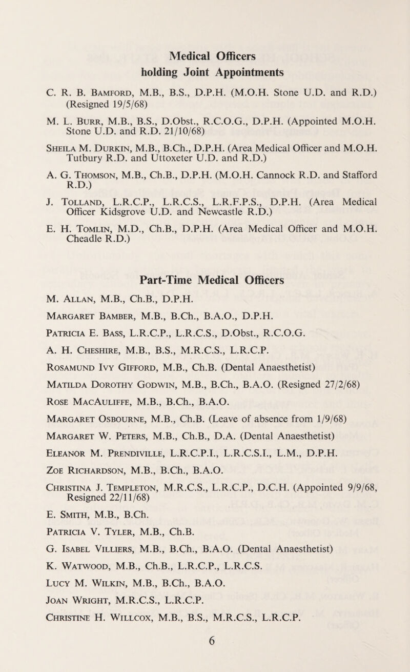 Medical Officers holding Joint Appointments C. R. B. Bamford, M.B., B.S., D.P.H. (M.O.H. Stone U.D. and R.D.) (Resigned 19/5/68) M. L. Burr, M.B., B.S., D.Obst., R.C.O.G., D.P.H. (Appointed M.O.H. Stone U.D. and R.D. 21/10/68) Sheila M. Durkin, M.B., B.Ch., D.P.H. (Area Medical Officer and M.O.H. Tutbury R.D. and Uttoxeter U.D. and R.D.) A. G. Thomson, M.B., Ch.B., D.P.H. (M.O.H. Cannock R.D. and Stafford R.D.) J. Tolland, L.R.C.P., L.R.C.S., L.R.F.P.S., D.P.H. (Area Medical Officer Kidsgrove U.D. and Newcastle R.D.) E. H. Tomlin, M.D., Ch.B., D.P.H. (Area Medical Officer and M.O.H. Cheadle R.D.) Part-Time Medical Officers M. Allan, M.B., Ch.B., D.P.H. Margaret Bamber, M.B., B.Ch., B.A.O., D.P.H. Patricia E. Bass, L.R.C.P., L.R.C.S., D.Obst., R.C.O.G. A. H. Cheshire, M.B., B.S., M.R.C.S., L.R.C.P. Rosamund Ivy Gifford, M.B., Ch.B. (Dental Anaesthetist) Matilda Dorothy Godwin, M.B., B.Ch., B.A.O. (Resigned 27/2/68) Rose MacAuliffe, M.B., B.Ch., B.A.O. Margaret Osbourne, M.B., Ch.B. (Leave of absence from 1/9/68) Margaret W. Peters, M.B., Ch.B., D.A. (Dental Anaesthetist) Eleanor M. Prendiville, L.R.C.P.I., L.R.C.S.I., L.M., D.P.H. Zoe Richardson, M.B., B.Ch., B.A.O. Christina J. Templeton, M.R.C.S., L.R.C.P., D.C.H. (Appointed 9/9/68, Resigned 22/11/68) E. Smith, M.B., B.Ch. Patricia V. Tyler, M.B., Ch.B. G. Isabel Villiers, M.B., B.Ch., B.A.O. (Dental Anaesthetist) K. Watwood, M.B., Ch.B., L.R.C.P., L.R.C.S. Lucy M. Wilkin, M.B., B.Ch., B.A.O. Joan Wright, M.R.C.S., L.R.C.P. Christine H. Willcox, M.B., B.S., M.R.C.S., L.R.C.P.