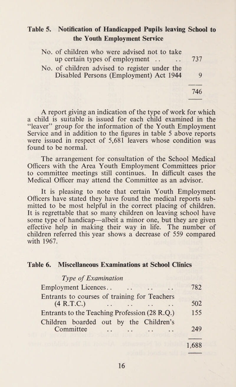 Table 5. Notification of Handicapped Pupils leaving School to the Youth Employment Service No. of children who were advised not to take up certain types of employment .. .. 737 No. of children advised to register under the Disabled Persons (Employment) Act 1944 9 746 A report giving an indication of the type of work for which a child is suitable is issued for each child examined in the “leaver” group for the information of the Youth Employment Service and in addition to the figures in table 5 above reports were issued in respect of 5,681 leavers whose condition was found to be normal. The arrangement for consultation of the School Medical Officers with the Area Youth Employment Committees prior to committee meetings still continues. In difficult cases the Medical Officer may attend the Committee as an advisor. It is pleasing to note that certain Youth Employment Officers have stated they have found the medical reports sub¬ mitted to be most helpful in the correct placing of children. It is regrettable that so many children on leaving school have some type of handicap—albeit a minor one, but they are given effective help in making their way in fife. The number of children referred this year shows a decrease of 559 compared with 1967. Table 6. Miscellaneous Examinations at School Clinics Type of Examination Employment Licences.. .. .. .. 782 Entrants to courses of training for Teachers (4 R.T.C.) . 502 Entrants to the Teaching Profession (28 R.Q.) 155 Children boarded out by the Children’s Committee .. .. .. .. 249 1,688