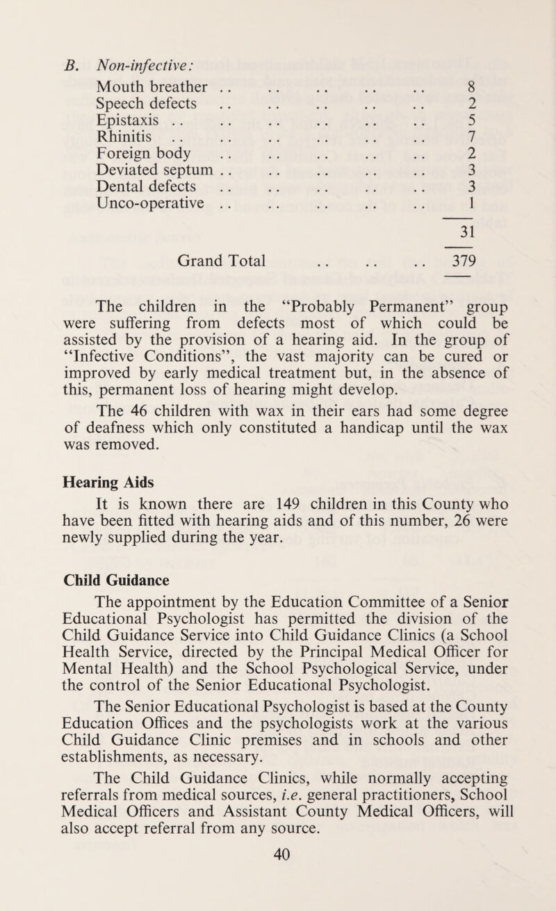 B. Non-infective: Mouth breather .. .. .. .. .. 8 Speech defects .. .. .. .. .. 2 Epistaxis .. .. .. .. .. .. 5 Rhinitis .. .. .. .. .. .. 7 Foreign body .. .. .. .. .. 2 Deviated septum .. .. .. .. .. 3 Dental defects .. .. .. .. .. 3 Unco-operative .. .. .. .. .. 1 31 Grand Total .. .. .. 379 The children in the “Probably Permanent” group were suffering from defects most of which could be assisted by the provision of a hearing aid. In the group of “Infective Conditions”, the vast majority can be cured or improved by early medical treatment but, in the absence of this, permanent loss of hearing might develop. The 46 children with wax in their ears had some degree of deafness which only constituted a handicap until the wax was removed. Hearing Aids It is known there are 149 children in this County who have been fitted with hearing aids and of this number, 26 were newly supplied during the year. Child Guidance The appointment by the Education Committee of a Senior Educational Psychologist has permitted the division of the Child Guidance Service into Child Guidance Clinics (a School Health Service, directed by the Principal Medical Officer for Mental Health) and the School Psychological Service, under the control of the Senior Educational Psychologist. The Senior Educational Psychologist is based at the County Education Offices and the psychologists work at the various Child Guidance Clinic premises and in schools and other establishments, as necessary. The Child Guidance Clinics, while normally accepting referrals from medical sources, i.e. general practitioners, School Medical Officers and Assistant County Medical Officers, will also accept referral from any source.