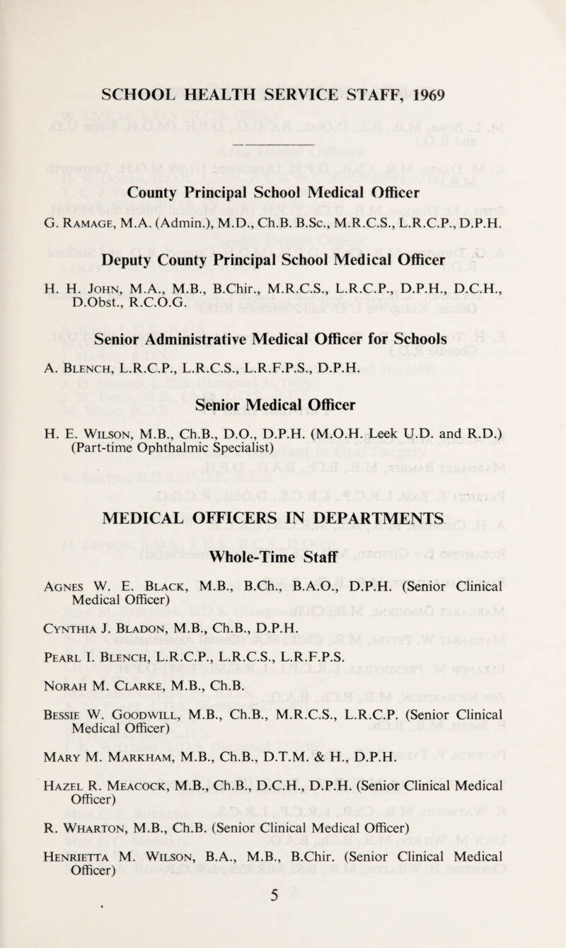 SCHOOL HEALTH SERVICE STAFF, 1969 County Principal School Medical Officer G. Ramage, M.A. (Admin.), M.D., Ch.B. B.Sc., M.R.C.S., L.R.C.P., D.P.H. Deputy County Principal School Medical Officer H. H. John, M.A., M.B., B.Chir., M.R.C.S., L.R.C.P., D.P.H., D.Obst., R.C.O.G. Senior Administrative Medical Officer for Schools A. Blench, L.R.C.P., L.R.C.S., L.R.F.P.S., D.P.H. Senior Medical Officer H. E. Wilson, M.B., Ch.B., D.O., D.P.H. (M.O.H. Leek U.D. and R.D.) (Part-time Ophthalmic Specialist) MEDICAL OFFICERS IN DEPARTMENTS Whole-Time Staff Agnes W. E. Black, M.B., B.Ch., B.A.O., D.P.H. (Senior Clinical Medical Officer) Cynthia J. Bladon, M.B., Ch.B., D.P.H. Pearl I. Blench, L.R.C.P., L.R.C.S., L.R.F.P.S. Norah M. Clarke, M.B., Ch.B. Bessie W. Goodwill, M.B., Ch.B., M.R.C.S., L.R.C.P. (Senior Clinical Medical Officer) Mary M. Markham, M.B., Ch.B., D.T.M. & H., D.P.H. Hazel R. Meacock, M.B., Ch.B., D.C.H., D.P.H. (Senior Clinical Medical Officer) R. Wharton, M.B., Ch.B. (Senior Clinical Medical Officer) Henrietta M. Wilson, B.A., M.B., B.Chir. (Senior Clinical Medical Officer)