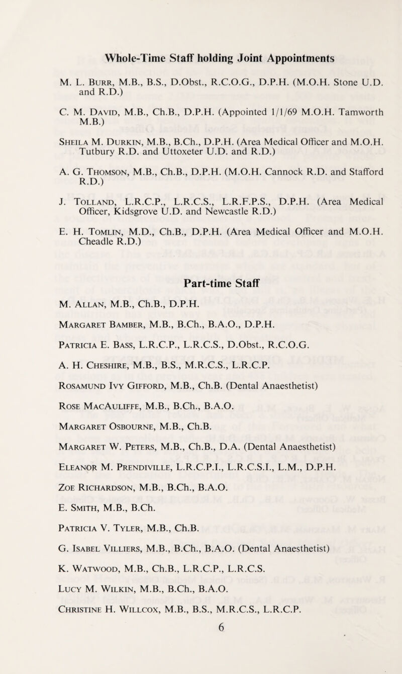 Whole-Time Staff holding Joint Appointments M. L. Burr, M.B., B.S., D.Obst., R.C.O.G., D.P.H. (M.O.H. Stone U.D. and R.D.) C. M. David, M.B., Ch.B., D.P.H. (Appointed 1/1/69 M.O.H. Tamworth M.B.) Sheila M. Durkin, M.B., B.Ch., D.P.H. (Area Medical Officer and M.O.H. Tutbury R.D. and Uttoxeter U.D. and R.D.) A. G. Thomson, M.B., Ch.B., D.P.H. (M.O.H. Cannock R.D. and Stafford R.D.) J. Tolland, L.R.C.P., L.R.C.S., L.R.F.P.S., D.P.H. (Area Medical Officer, Kidsgrove U.D. and Newcastle R.D.) E. H. Tomlin, M.D., Ch.B., D.P.H. (Area Medical Officer and M.O.H. Cheadle R.D.) Part-time Staff M. Allan, M.B., Ch.B., D.P.H. Margaret Bamber, M.B., B.Ch., B.A.O., D.P.H. Patricia E. Bass, L.R.C.P., L.R.C.S., D.Obst., R.C.O.G. A. H. Cheshire, M.B., B.S., M.R.C.S., L.R.C.P. Rosamund Ivy Gifford, M.B., Ch.B. (Dental Anaesthetist) Rose MacAuliffe, M.B., B.Ch., B.A.O. Margaret Osbourne, M.B., Ch.B. Margaret W. Peters, M.B., Ch.B., D.A. (Dental Anaesthetist) Eleanor M. Prendiville, L.R.C.P.I., L.R.C.S.I., L.M., D.P.H. ZoE Richardson, M.B., B.Ch., B.A.O. E. Smith, M.B., B.Ch. Patricia V. Tyler, M.B., Ch.B. G. Isabel Villiers, M.B., B.Ch., B.A.O. (Dental Anaesthetist) K. Watwood, M.B., Ch.B., L.R.C.P., L.R.C.S. Lucy M. Wilkin, M.B., B.Ch., B.A.O. Christine H. Willcox, M.B., B.S., M.R.C.S., L.R.C.P.