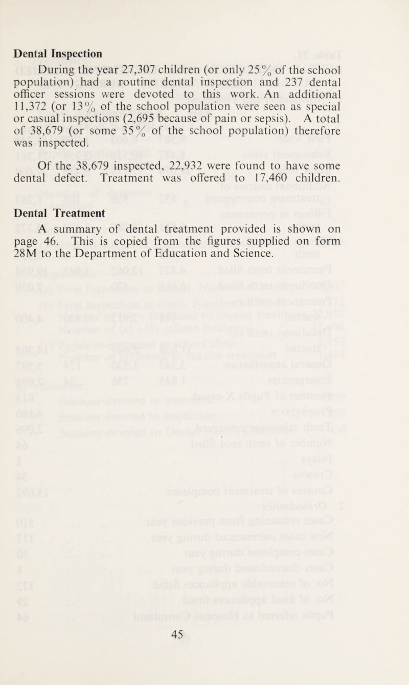 Dental Inspection During the year 27,307 children (or only 25% of the school population) had a routine dental inspection and 237 dental officer sessions were devoted to this work. An additional 11,372 (or 13% of the school population were seen as special or casual inspections (2,695 because of pain or sepsis). A total of 38,679 (or some 35% of the school population) therefore was inspected. Of the 38,679 inspected, 22,932 were found to have some dental defect. Treatment was offered to 17,460 children. Dental Treatment A summary of dental treatment provided is shown on page 46. This is copied from the figures supplied on form 28M to the Department of Education and Science.