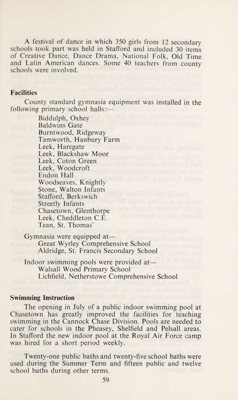 A festival of dance in which 350 girls from 12 secondary schools took part was held in Stafford and included 30 items of Creative Dance, Dance Drama, National Folk, Old Time and Latin American dances. Some 40 teachers from county schools were involved. Facilities County standard gymnasia equipment was installed in the following primary school halls:— Biddulph, Oxhey Baldwins Gate Burntwood, Ridgeway Tamworth, Hanbury Farm Leek, Haregate Leek, Blackshaw Moor Leek, Coton Green Leek, Woodcroft Endon Hall Woodseaves, Knightly Stone, Walton Infants Stafford, Berkswich Streetly Infants Chasetown, Glenthorpe Leek, Cheddleton C.E. Tean, St. Thomas’ Gymnasia were equipped at— Great Wyrley Comprehensive School Aldridge, St. Erancis Secondary School Indoor swimming pools were provided at— Walsall Wood Primary School Lichfield, Netherstowe Comprehensive School Swimming Instruction The opening in July of a public indoor swimming pool at Chasetown has greatly improved the facilities for teaching swimming in the Cannock Chase Division. Pools are needed to cater for schools in the Pheasey, Shelfield and Pelsall areas. In Stafford the new indoor pool at the Royal Air Force camp was hired for a short period weekly. Twenty-one public baths and twenty-five school baths were used during the Summer Term and fifteen public and twelve school baths during other terms.