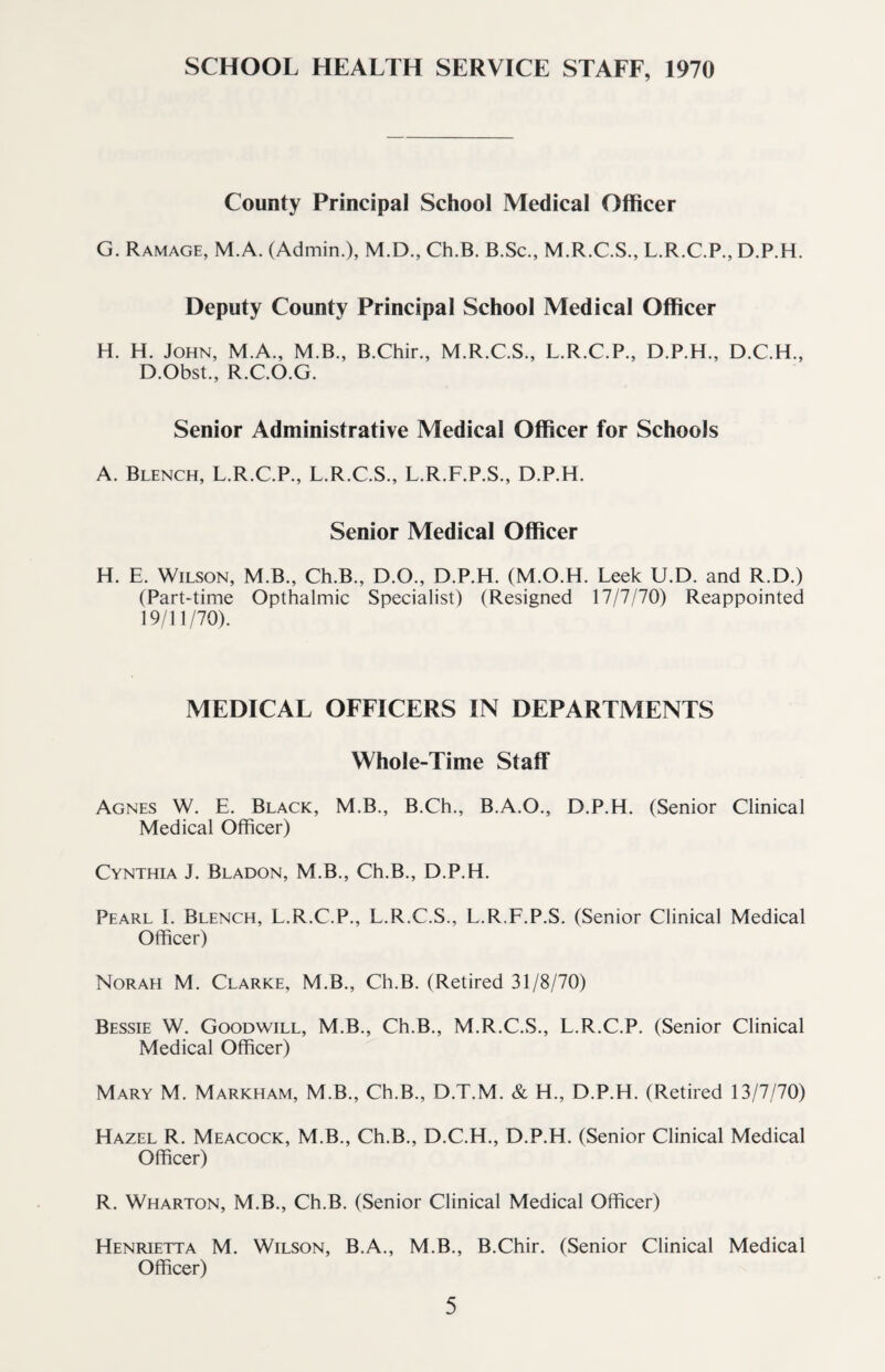 County Principal School Medical Officer G. Ramage, M.A. (Admin.), M.D., Ch.B. B.Sc., M.R.C.S., L.R.C.P., D.P.H. Deputy County Principal School Medical Officer H. H. John, M.A., M B., B.Chir., M.R.C.S., L.R.C.P., D.P.H., D.C.H., D.Obst., R.C.O.G. Senior Administrative Medical Officer for Schools A. Blench, L.R.C.P., L.R.C.S., L.R.F.P.S., D.P.H. Senior Medical Officer H. E. Wilson, M.B., Ch.B., D.O., D.P.H. (M.O.H. Leek U.D. and R.D.) (Part-time Opthalmic Specialist) (Resigned 17/7/70) Reappointed 19/11/70). MEDICAL OFFICERS IN DEPARTMENTS Whole-Time Staff Agnes W. E. Black, M.B., B.Ch., B.A.O., D.P.H. (Senior Clinical Medical Officer) Cynthia J. Bladon, M.B., Ch.B., D.P.H. Pearl I. Blench, L.R.C.P., L.R.C.S., L.R.F.P.S. (Senior Clinical Medical Officer) Norah M. Clarke, M.B., Ch.B. (Retired 31/8/70) Bessie W. Goodwill, M.B., Ch.B., M.R.C.S., L.R.C.P. (Senior Clinical Medical Officer) Mary M. Markham, M.B., Ch.B., D.T.M. & H., D.P.H. (Retired 13/7/70) Hazel R. Meacock, M.B., Ch.B., D.C.H., D.P.H. (Senior Clinical Medical Officer) R. Wharton, M.B., Ch.B. (Senior Clinical Medical Officer) Henrietta M. Wilson, B.A., M.B., B.Chir. (Senior Clinical Medical Officer)