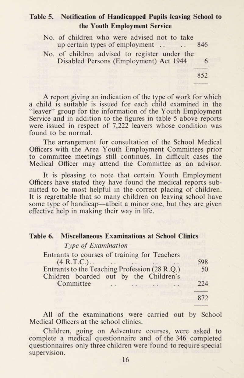 Table 5. Notification of Handicapped Pupils leaving School to the Youth Employment Service No. of children who were advised not to take up certain types of employment .. .. 846 No. of children advised to register under the Disabled Persons (Employment) Act 1944 6 852 A report giving an indication of the type of work for which a child is suitable is issued for each child examined in the “leaver” group for the information of the Youth Employment Service and in addition to the figures in table 5 above reports were issued in respect of 7,222 leavers whose condition was found to be normal. The arrangement for consultation of the School Medical Officers with the Area Youth Employment Committees prior to committee meetings still continues. In difficult cases the Medical Officer may attend the Committee as an advisor. It is pleasing to note that certain Youth Employment Officers have stated they have found the medical reports sub¬ mitted to be most helpful in the correct placing of children. It is regrettable that so many children on leaving school have some type of handicap—albeit a minor one, but they are given effective help in making their way in life. Table 6. Miscellaneous Examinations at School Clinics Type of Examination Entrants to courses of training for Teachers (4 R.T.C.). 598 Entrants to the Teaching Profession (28 R.Q.) 50 Children boarded out by the Children’s Committee . . . . . . . . 224 872 All of the examinations were carried out by School Medical Officers at the school clinics. Children, going on Adventure courses, were asked to complete a medical questionnaire and of the 346 completed questionnaires only three children were found to require special supervision.
