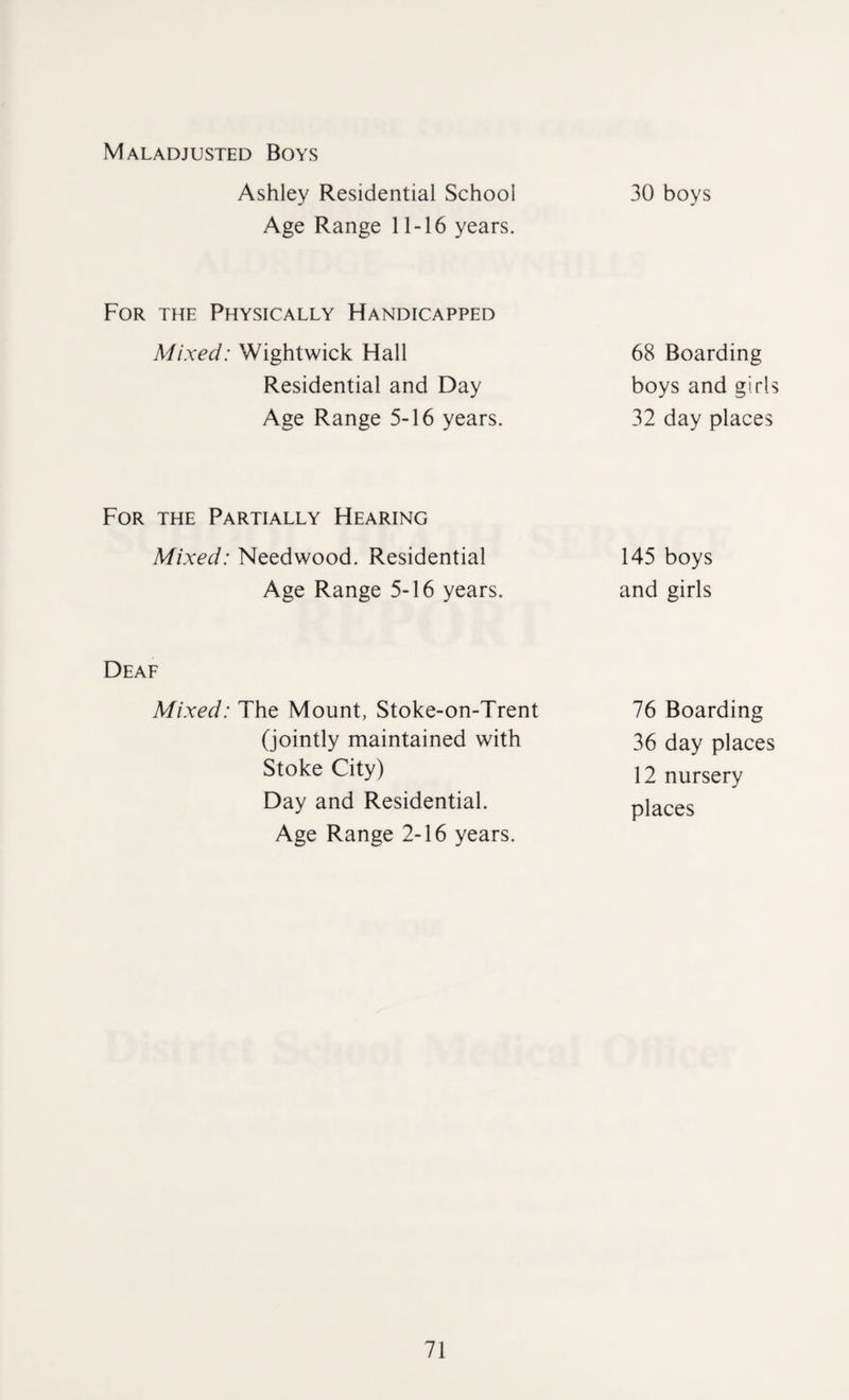 Maladjusted Boys Ashley Residential School Age Range 11-16 years. For the Physically Handicapped Mixed: Wightwick Hall Residential and Day Age Range 5-16 years. For the Partially Hearing Mixed: Need wood. Residential Age Range 5-16 years. Deaf Mixed: The Mount, Stoke-on-Trent (jointly maintained with Stoke City) Day and Residential. Age Range 2-16 years. 30 boys 68 Boarding boys and girls 32 day places 145 boys and girls 76 Boarding 36 day places 12 nursery places