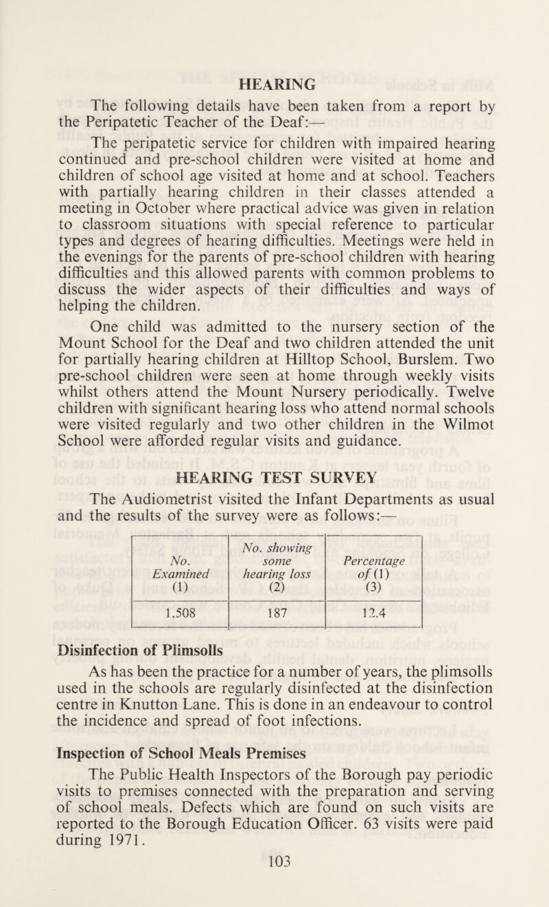 HEARING The following details have been taken from a report by the Peripatetic Teacher of the Deaf:— The peripatetic service for children with impaired hearing continued and pre-school children were visited at home and children of school age visited at home and at school. Teachers with partially hearing children in their classes attended a meeting in October where practical advice was given in relation to classroom situations with special reference to particular types and degrees of hearing difficulties. Meetings were held in the evenings for the parents of pre-school children with hearing difficulties and this allowed parents v/ith common problems to discuss the wider aspects of their difficulties and ways of helping the children. One child was admitted to the nursery section of the Mount School for the Deaf and two children attended the unit for partially hearing children at Hilltop School, Burslem. Two pre-school children were seen at home through weekly visits whilst others attend the Mount Nursery periodically. Twelve children with significant hearing loss who attend normal schools were visited regularly and two other children in the Wilmot School were afforded regular visits and guidance. HEARING TEST SURVEY The Audiometrist visited the Infant Departments as usual and the results of the survey were as follows:— No. Examined (1) No. showing some hearing loss (2) Percentage of( 1) (3) 1.508 187 12.4 Disinfection of Plimsolls As has been the practice for a number of years, the plimsolls used in the schools are regularly disinfected at the disinfection centre in Knutton Lane. This is done in an endeavour to control the incidence and spread of foot infections. Inspection of School Meals Premises The Public Health Inspectors of the Borough pay periodic visits to premises connected with the preparation and serving of school meals. Defects which are found on such visits are reported to the Borough Education Officer. 63 visits were paid during 1971.