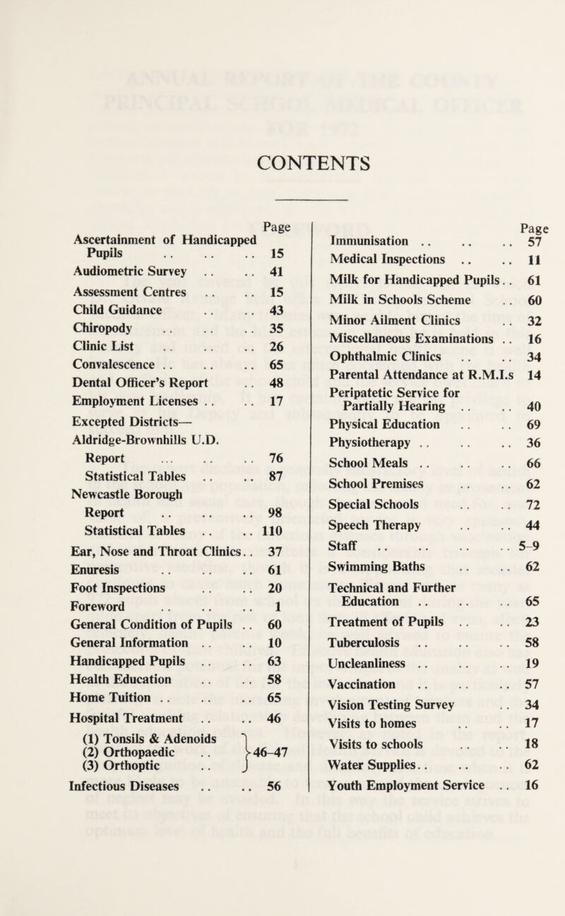 CONTENTS Page Ascertainment of Handicapped Pupils .. 15 Audiometric Survey .. 41 Assessment Centres .. 15 Child Guidance .. 43 Chiropody .. 35 Clinic List .. 26 Convalescence .. .. 65 Dental Officer’s Report .. 48 Employment Licenses ., .. 17 Excepted Districts— Aldridge-Brownhills U.D. Report . .. 76 Statistical Tables .. 87 Newcastle Borough Report .. 98 Statistical Tables .. 110 Ear, Nose and Throat Clinics .. 37 Enuresis .. 61 Foot Inspections .. 20 Foreword 1 General Condition of Pupils .. 60 General Information .. 10 Handicapped Pupils .. 63 Health Education .. 58 Home Tuition .. .. 65 Hospital Treatment .. 46 (1) Tonsils & Adenoids (2) Orthopaedic U6-47 (3) Orthoptic .. J Infectious Diseases .. .. 56 Page Immunisation .. .. .. 57 Medical Inspections .. .. 11 Milk for Handicapped Pupils.. 61 Milk in Schools Scheme .. 60 Minor Ailment Clinics .. 32 Miscellaneous Examinations .. 16 Ophthalmic Clinics 34 Parental Attendance at R.M.I.s 14 Peripatetic Service for Partially Hearing .. 40 Physical Education .. 69 Physiotherapy ., .. 36 School Meals .. .. 66 School Premises .. 62 Special Schools 72 Speech Therapy .. 44 Staff.5-9 Swimming Baths 62 Technical and Further Education .. .. .. 65 Treatment of Pupils .. 23 Tuberculosis .. .. 58 Uncleanliness .. 19 Vaccination .. 57 Vision Testing Survey .. 34 Visits to homes 17 Visits to schools 18 Water Supplies.62 Youth Employment Service .. 16
