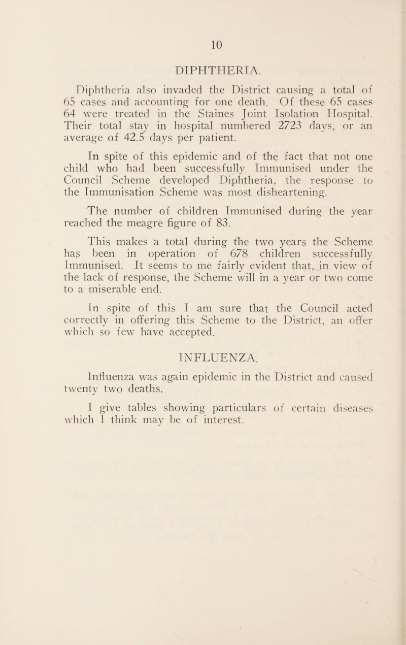 DIPHTHERIA. Diphtheria also invaded the District causing a total of 65 cases and accounting for one death. Of these 65 cases 64 were treated in the Staines Joint Isolation Hospital. Their total stay in hospital numbered 2723 days, or an average of 42.5 days per patient. In spite of this epidemic and of the fact that not one child who had been successfully Immunised under the Council Scheme developed Diphtheria, the response to the Immunisation Scheme was most disheartening. The number of children Immunised during the year reached the meagre figure of 83. This makes a total during tlie two years the Scheme hag been in operation of 678 children successfully Immunised. It seems to me fairly evident that, in view of the lack of response, the Scheme will in a year or two come to a miserable end. In spite of this I am sure that the Council acted correctly in offering this Scheme to the District, an offer which so few have accepted. INFLUENZA. Influenza was again epidemic in the District and caused twenty two deaths. I give tables showing particulars of certain diseases which I think may be of interest.