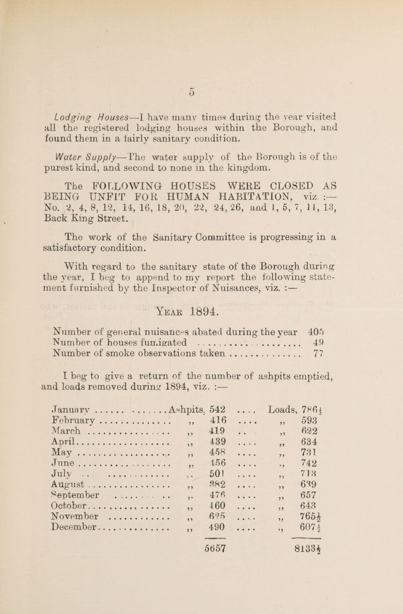 Lodging Houses—1 have many times during the year visited all the registered lodging houses within the Borough, and found them in a fairly sanitary condition. Water Supply—The water supply of the Borough is of the purest kind, and second to none in the kingdom. The FOLLOWING HOUSES WERE CLOSED AS BEING UNFIT FOR HUMAN HABITATION, viz, No. 2, 4, 8, 12, 14, 16, 18, 20, 22, 24, 26, and 1, 6, 7, 11, 18, Back King Street. The work of the Sanitary Committee is progressing in a satisfactory condition. With regard to the sanitary state of the Borough during the year, I heg to append to my report the following state¬ ment furnished by the Inspector of Nuisances, viz. : — Year 1894. Number of general nuisances abated during the year 40o Number of houses fumisrated .. 49 Number of smoke observations taken. 77 I beg to give a return of the number of ashpits emptied, and loads removed during 1894, viz. ;— Januarv .... .. ..Ashpits. 542 February .. ., . 416 March . . „ 419 April. May. . „ 458 June. July ■. . 501 August. . „ 382 September . ,. 476 October. . „ 460 November .. . „ 69.6 December.... . „ 490 Loads, 786| 593 622 >> 634 ? J 781 • ? 742 )5 712 ) 5 689 657 643 7651 ’5 6071 5657 8133^
